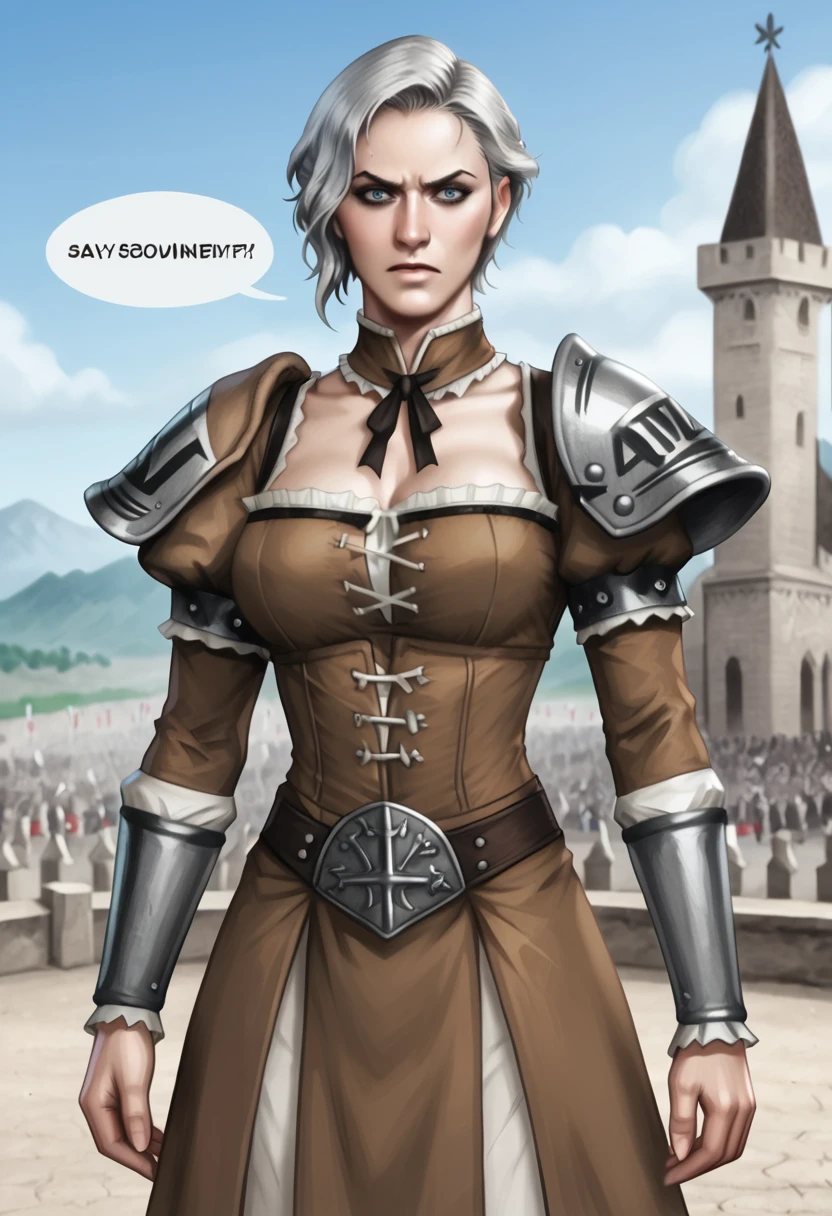 <lora:ReinaPXL:1>, reinaPXL, monument, brown clothes, jealous, dirndl, Arm warmers <lora:ArtgermLycoXL:1>