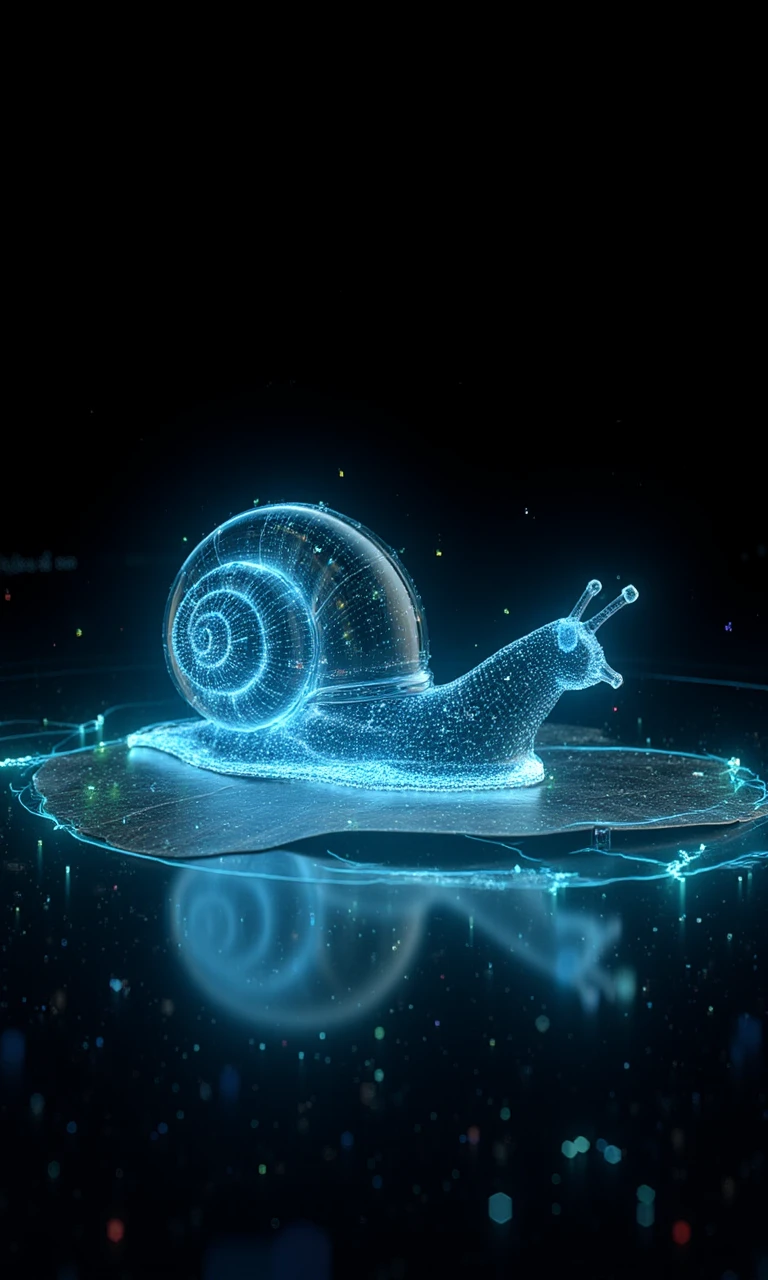 Holographic projection of a snail on a leaf floating on the water, a glittering translucent snail made entirely of light beams, bright, fine luminous colored lines, matrix holographic imaging <lora:flux.1_lora_flyway_holographic.safetensors:1.5:1.5>