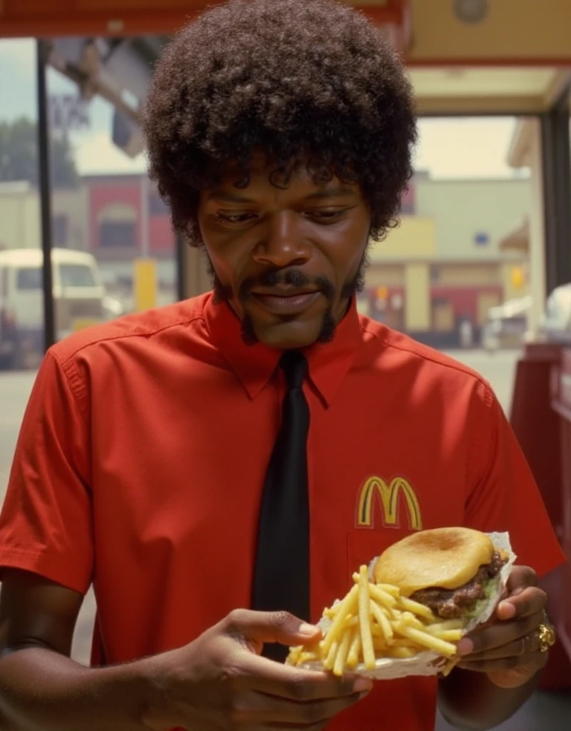 Jules Winnfield works a mcdonalds and wears a mcdonalds uniform. He serves hamburger and fries <lora:Jules_Winnfield:0.9>