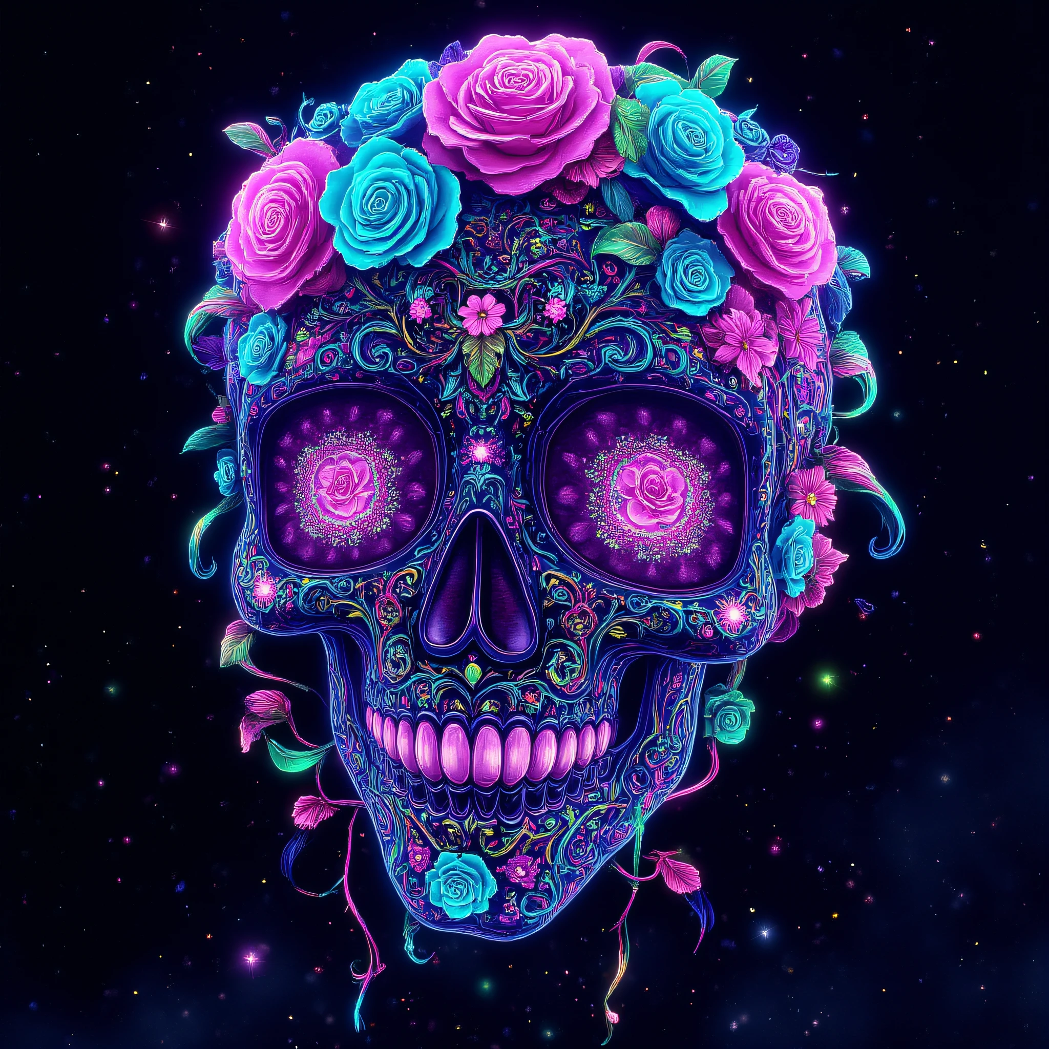 ArsMJStyle, Vibrant Calavera, The image shows a sugar skull intertwined with vines of glowing neon roses. The skull has intricate swirling patterns that glow in ultraviolet light. The surrounding vines wrap around the skull and spill outward, with roses blooming in vivid shades of pink, blue, and electric green. The background is a pitch-black void with small floating sparks of light illuminating the skull and vines, giving it a surreal, otherworldly feel. neon color, glow, no humans, digital painting, black background, floating particles, fantasy style.