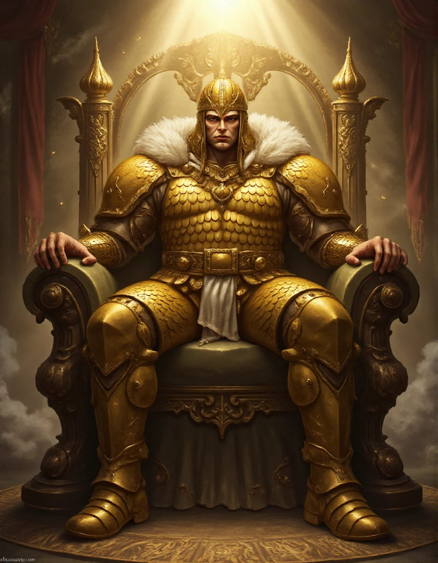 medium shot of perfect bulky epic majestic hulking huge massive muscular tall male king of kings, wearing golden fully body scale armor sitting in his throne room, lit from above, light rays, golden scale armor shimmering with magic, wearing a massive crystal gold crown, piercing golden eyes, scales, SCLARMR, huge body, sitting on his massive crystal throne, imposing, holding a massive scepter, wearing a majestic fur cape, fantasy art, golden scale armor, full body, masterpiece, dramatic lighting, back lit, dramatic epic scene, mist and smoke, cinematic, dramatic lighting, 100mm f/2.8 macro lens, freckles, skin pores, pores, vellus hair, macro, extreme details, looking at viewer, serious expression, investigative stare <lora:Flux_Skin_Texture:0.7> <lora:FluxDFaeTasticDetails:0.8> <lora:detailed photorealism style v3:0.5>  <lora:Dark Cinematic:0.7> DRK <lora:Scale_Armor_-_FLUX-000012:0.9>