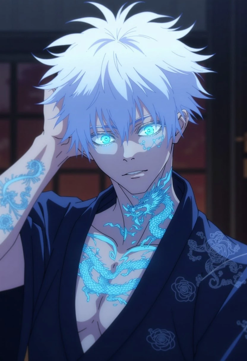 a digital illustration in an anime style, featuring an adult male character with an intense and focused expression. He has strikingly bright blue eyes that stand out vividly against his white hair, which is tousled and somewhat messy. The boy's hair is styled in a chaotic, voluminous manner, giving him a youthful, anime aesthetic. His eyes are the primary focal point, with an otherworldly glow, adding a dramatic effect to his gaze. He has pale, flawless skin with an ethereal glow under the dim ambient light. His face is adorned with a luminous dragon tattoo, intricately detailed, which stretches from his temple down to his cheek, glowing with a vivid blue light. His eyes are deep and captivating, reflecting the soft light around him. He wears a traditional Japanese kimono in deep black with subtle patterns embroidered in silver threads that shimmer subtly in the low light. The kimono is elegantly draped over his shoulders, slightly open at the chest, revealing more of the glowing tattoos that cover his arms and neck. These tattoos feature traditional Japanese elements, such as dragons and swirling clouds, all glowing in the same vivid blue, creating a mystical aura around him. The overall mood is mysterious and slightly otherworldly, emphasizing the glow of the tattoos against the dark, elegant attire.