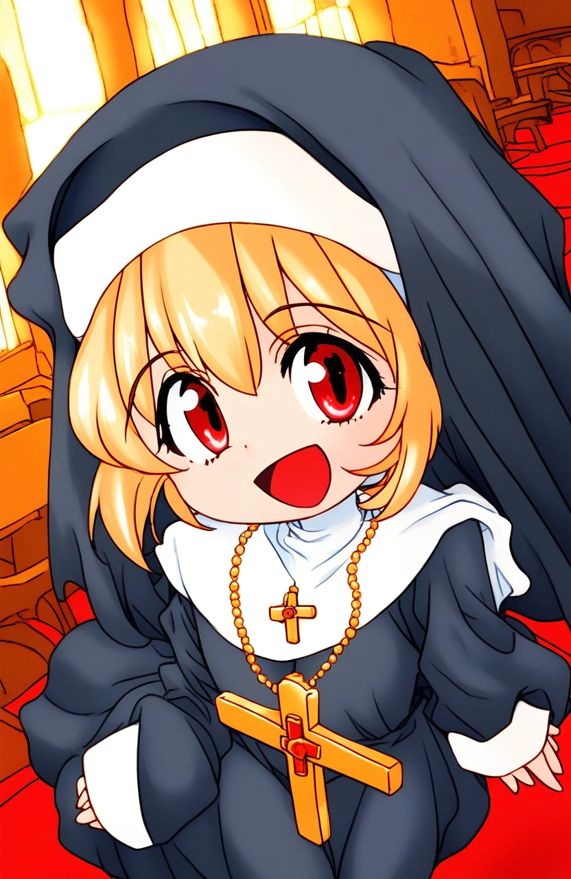 score_9, score_8_up, score_7_up, source_anime, rating_explicit, BREAK <lora:Melodylibrary_XL:1> Melodylibrary, nun, blonde hair, red eyes, bangs,flat chest, short stack,
1girl, solo, cross, habit, jewelry, open mouth, cross necklace,  necklace, long sleeves, short hair, looking at viewer
church,  from above
smile,
looking at viewer, 
cowboy_Shot,