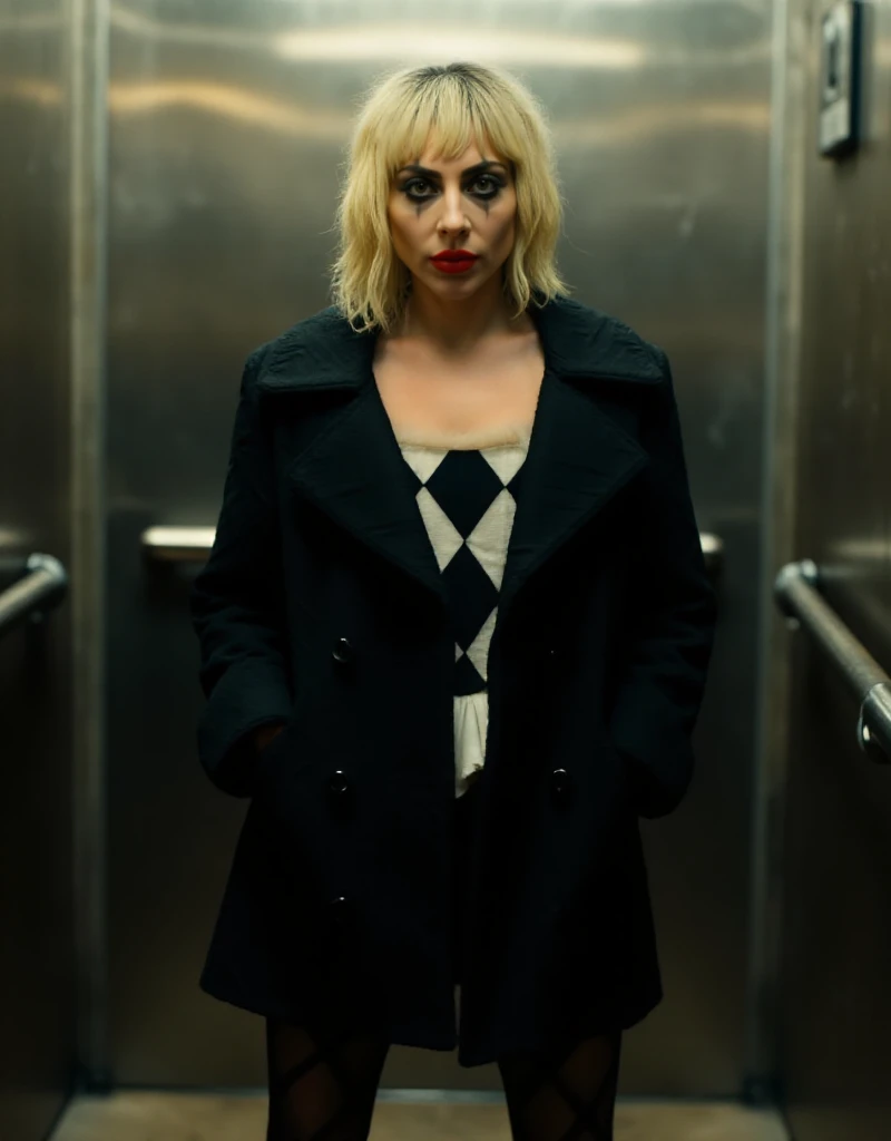 full body view of Quinn is a blonde woman with makeup and red lips, black jacket, she is in a lift  <lora:Quinn:0.9>