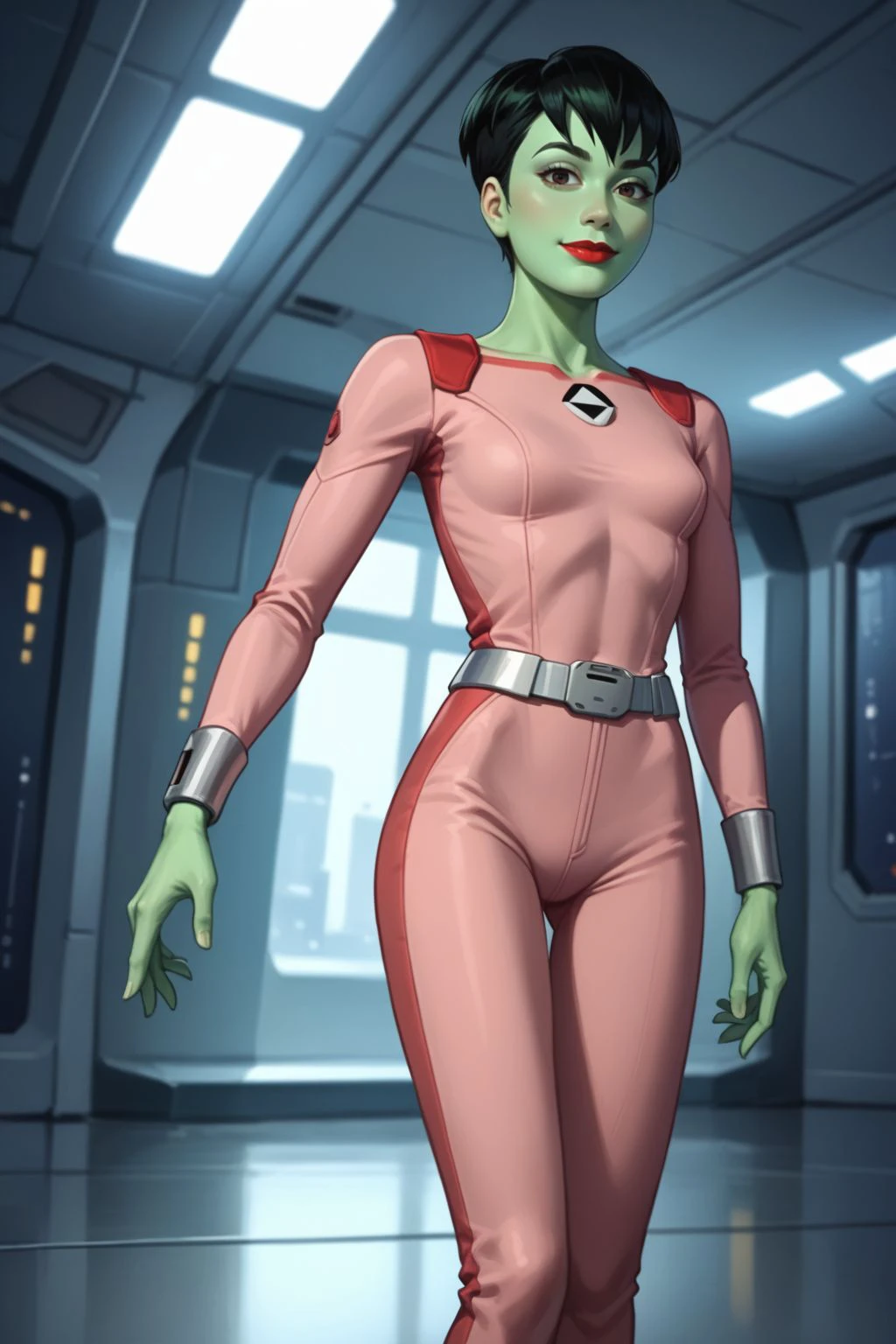 score_9, score_8_up, score_7_up, masterpiece, high quality, highres RAW photo,
solo, dotmatrixreboot, 1girl, black hair, short hair, alien, colored skin, green skin, lipstick, red and pink jumpsuit, metal belt, <lora:DotMatrixReBoot_Pony-000009:0.65>
(slender body, petite:1.2), sexy, eye contact, tiny waist, sensual, seductive look, happy, smile, smiling, (sexy pose, standing)
((futuristic science fiction))