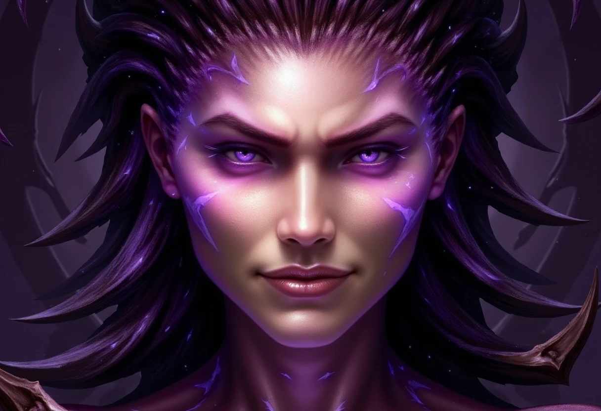 sqob The image depicts a highly detailed and intricate female woman character with a striking and otherworldly appearance. The female woman character has a striking purple and white color scheme, with glowing purple energy emanating from their face, giving them a mystical and otherworldly look. Their hair is a mix of dark and purple, with sharp, jagged spikes protruding from it, adding to the dramatic and intense feel of the image. The background is dark and shadowy, which further emphasizes the characters vivid and intense features. The overall composition and lighting create a sense of depth and drama, making the character the focal point of the image. Starcraft