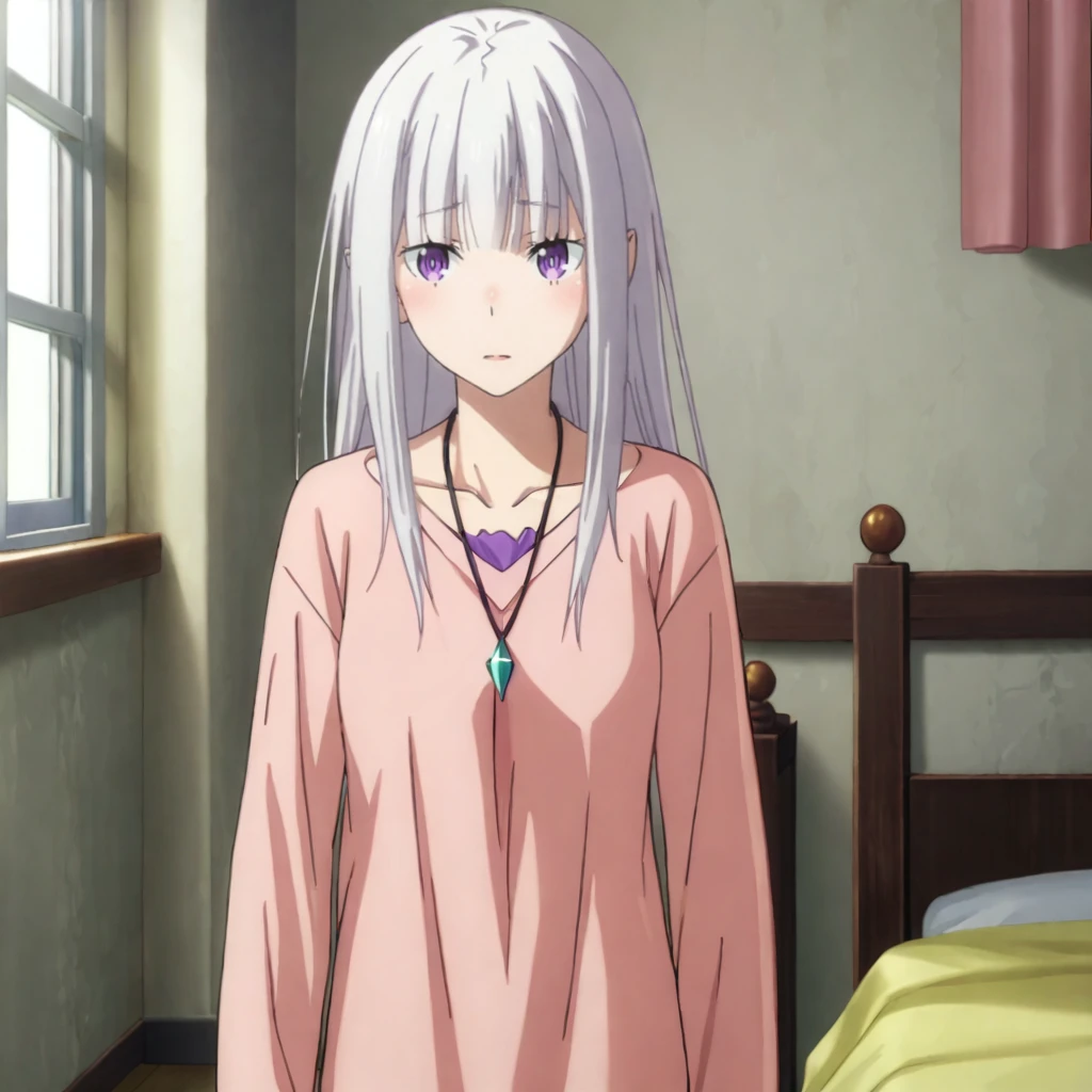 <lora:emiliarezero_pony_v1:.8> EmiliaPinkSleepingClothes, 1girl,  purple eyes, long hair, pajamas, bangs, necklace, collarbone, white hair, cowboy shot