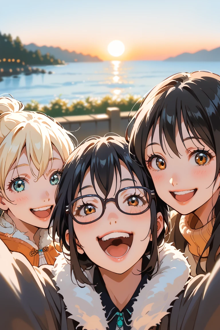 score_9, score_8_up, score_7_up, source_anime, rating_safe, afternoon, sunset, natural lighting, sunset focus, triad, selfie, AsobiAsobase, KasumiAA, black_Kasumi_short hair, glasses, smiling, 1stgirl, OliviaAA, blonde_Olivia_woman hair, teeth, 2ndgirl, HanakoAA, black_Hanako_female hair, open mouth, 3rdgirl, happy, 3girls, winter clothes, intricately detailed illustration, blurry outdoors, orange theme