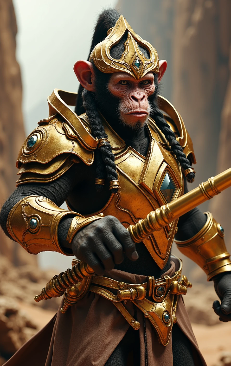 protosszealot,photo of The Monkey King of Journey to the West wearing Gorgeous high-tech armor,holding golden stick as weapon