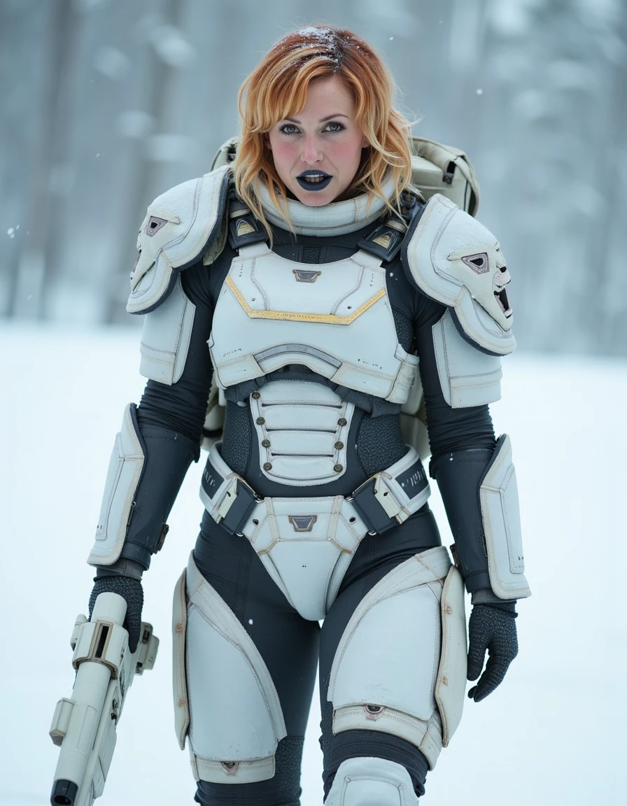 <lora:Karibyronflux1a-000001:1> fair skin and shoulder-length, wavy, strawberry blonde hair. she is a space marine wearing matte black lip color is wearing white winter camouflage body armor with the left shoulder armor is shaped like a wolf's head. She is holding a futuristic white laser gun in her hands, walking in a snowstorm on an icy, snowy plain, thick snow falling, snow settling on their hair and armor, cowboy shot, Her face shows determination, High Detail, Perfect Composition, dramatic lighting, high contrast