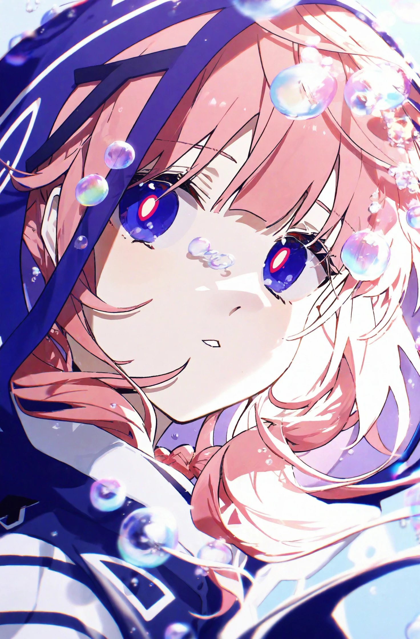 masterpiece, best quality, illustration, konya karasue, 1girl, kaf \(kamitsubaki studio\), solo, virtual youtuber, pink hair, blue eyes, hood, bubble, looking at viewer, parted lips, braid, air bubble, hood up, long hair