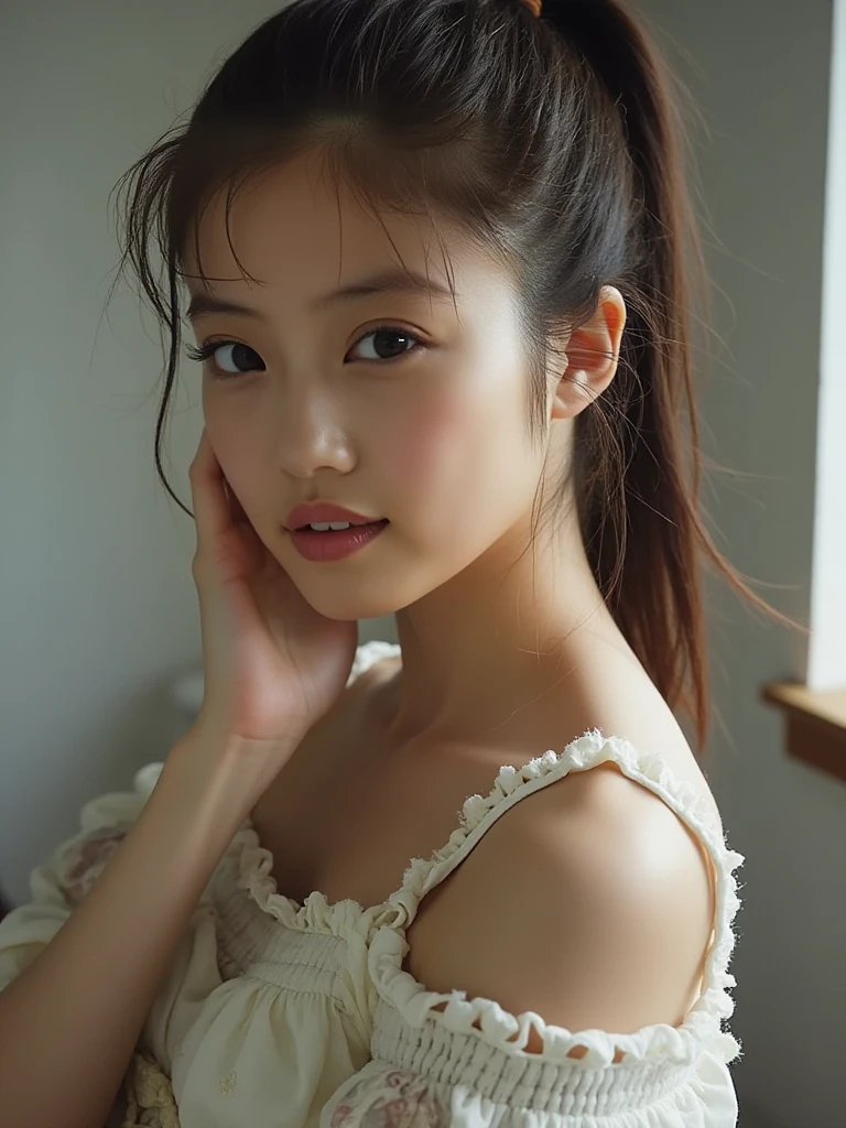 Kim Jennie de blackpink con el cabello rubio claro, cabello rubio con ondulado, cabello de color rubio ondulado, with small fringes, ojos color negro, nariz respingada y bonita, labios gruesos, Cupid and heart shaped lips...., labios rosas, pale, piel blanca, piel bonita y suave, con pecas y lunares, cejas bonitas, marked and beautiful clavicle, mientras tiene un polo con rosas color rojo tinto, rojo oscuro, con ropa interior femenina, con un short corto, short bonito y corto, abdomen delgado y bonito, escote desnudo, (pechos grandes, pechos suaves, pechos naturales, escote desnudo), mientras agarra una rosa, mirando a la camara, autofoto