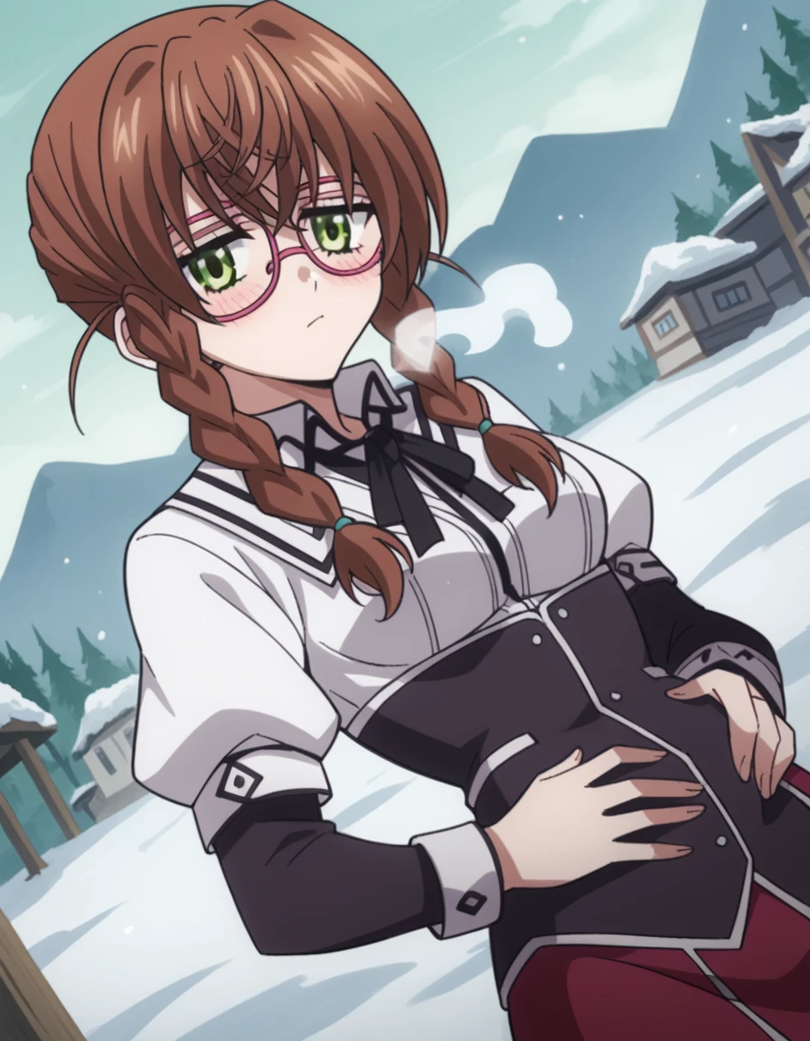 score_9, score_8_up, score_7_up, source_anime, <lora:aika-kiryuu-s2-ponyxl-lora-nochekaiser:1>, aika kiryuu, long hair, brown hair, green eyes, braid, glasses, twin braids, medium breasts, shirt, ribbon, school uniform, white shirt, black ribbon, neck ribbon, capelet, black capelet, long sleeves, skirt, red skirt,, snow day, winter clothes, snowball fight, laughter, cold breath, white landscape, , looking at viewer, hands on stomach, blush,, solo,, cowboy shot, dutch angle,