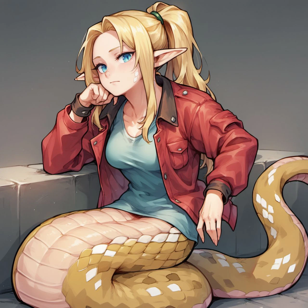 score_9, score_8_up, score_7_up, score_6_up, rakkle, lamia, pointy ears, scales,
1girl, solo, red jacket, shirt, jacket, blonde hair, ponytail, blue eyes, long hair, looking at viewer,
<lora:ava_choco_rakkle_race_v1-000004:0.8>,