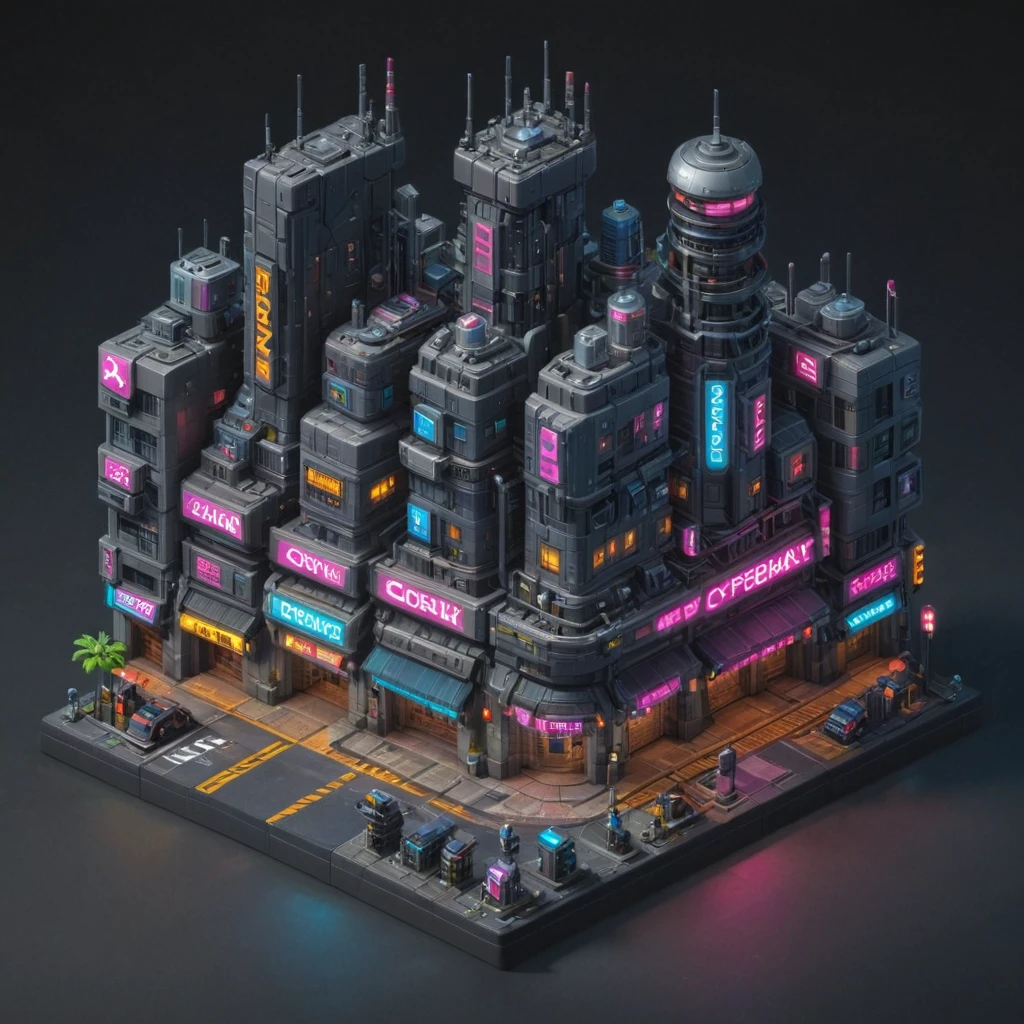 Isometric cyberpunk city with neon lights