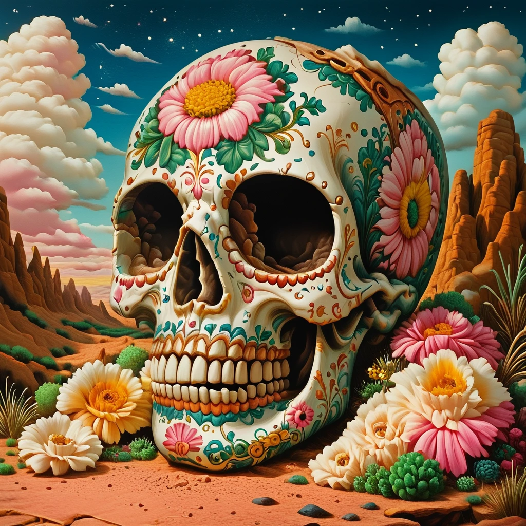 core_9, score_8_up, score_7_up, score_6_up, <lora:Vibrant_CalaveraPony:1> ArsMJStyle, Vibrant Calavera, The image is a digital illustration of a skull in a desert-like landscape. The skull is in the center of the image with its head facing towards the left side of the frame. It is decorated with colorful flowers and patterns in shades of pink orange yellow and green. The flowers are arranged in a symmetrical pattern around the skull's face with some overlapping each other. The background is a deep blue sky with white clouds and there are mountains in the distance. The ground is covered in small rocks and shrubs and the overall color palette is vibrant and colorful. The overall mood of the illustration is surreal and dreamlike., flower, sky, cloud, no humans, outdoors, pink flower, grass, floral print, star (sky), rock