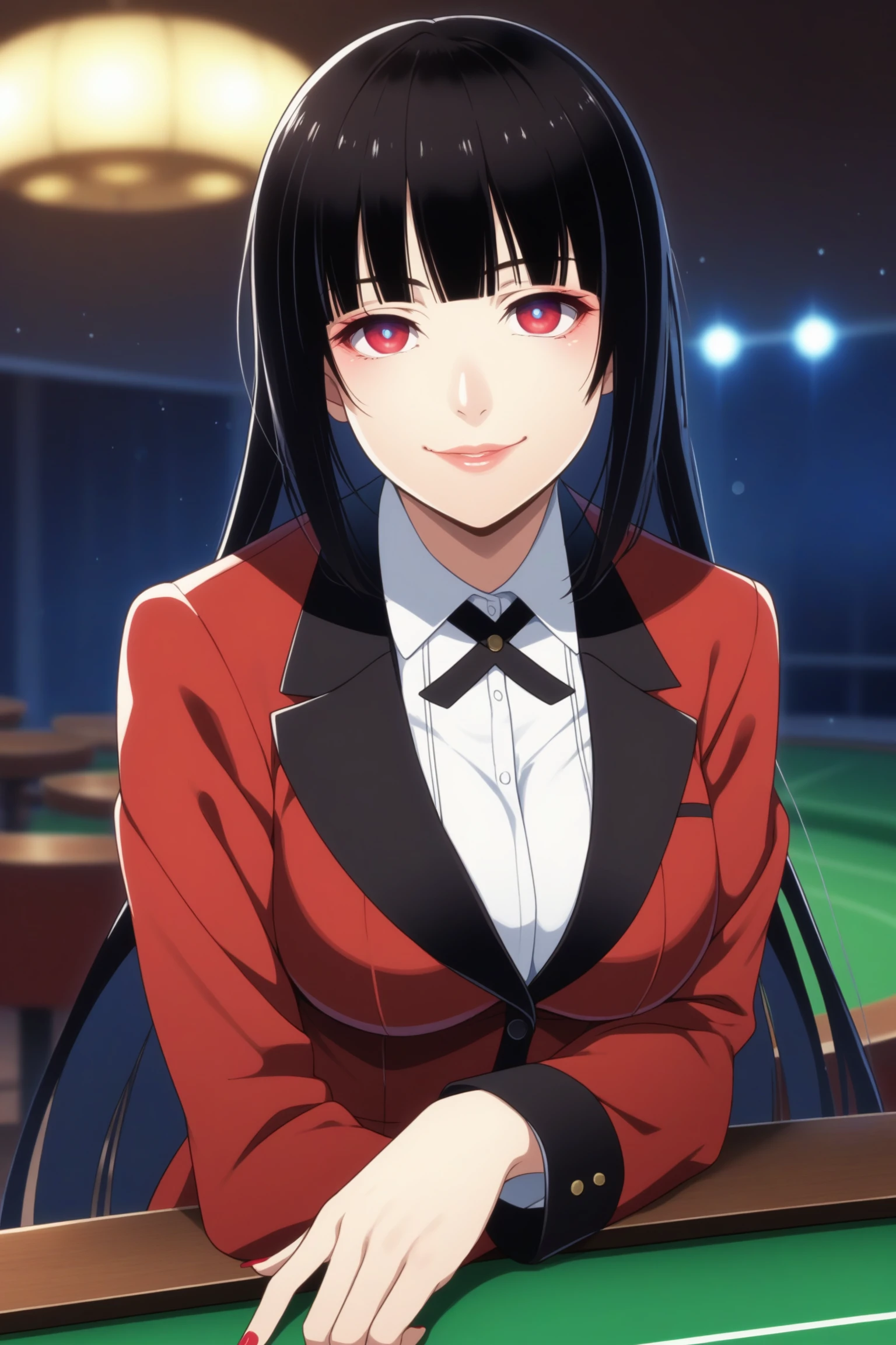 jabami yumeko, long hair, black hair, bangs, himecut, red eyes, hyakkaou academy school uniform, long sleeves, red nails, nail poilsh, blazer, red jacket, suit jacket, white shirt, collared shirt, black neck ribbon, black skirt, plaid skirt, pleated skirt, black pantyhose, loafers, <lora:Yumeko_Jabami:0.8>, score_9, score_8_up, score_7_up, score_6_up, score_5_up, source_anime, rating_safe, medium breasts, indoors, casino, 1girl, solo, looking at viewer, <lora:age_slider_v4:3>, (upper body:1.2), teeth