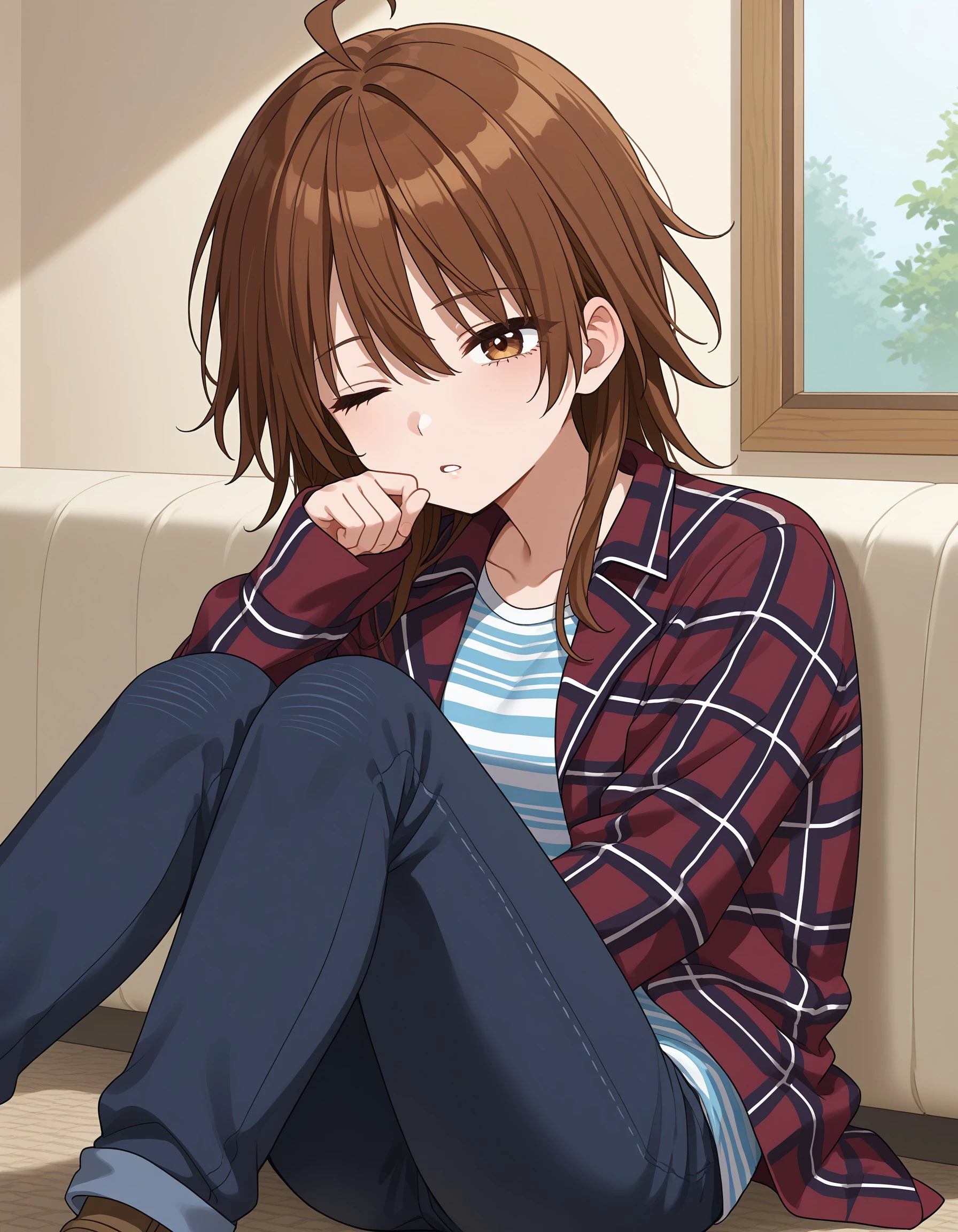 (masterpiece), best quality, expressive eyes, perfect face, one eye closed, sitting, shirt, striped shirt, knees up, striped, plaid shirt, pants, jacket, sleepy, sleeves past wrists, plaid, rubbing eyes, parted lips, denim, mikoto_a, <lora:a58935a3-cff9-45f9-bf93-79ed7ce8f038:0.7>