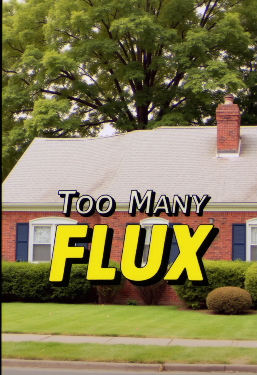 <lora:Too_Many_Cooks_FLUX:1>
This is a vintage-style photograph of a quaint suburban house with a brick facade and a grey shingled roof. The house features white-framed windows with blue shutters, and a small chimney on the right side. The lawn is well-maintained, with a neatly trimmed hedge in the front. The image has a sepia tone, giving it an old-fashioned feel. Superimposed on the image are the words "Too Many FLUX" in bold, yellow, retro-style font with black outlines, suggesting a title or theme related to the image. The background shows lush green trees, indicating a peaceful neighborhood setting.