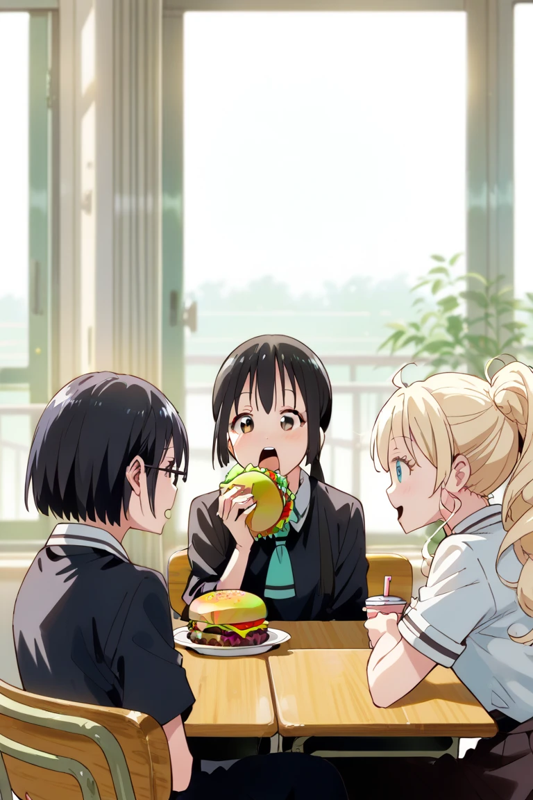 score_9, score_8_up, score_7_up, source_anime, rating_safe, day, natural lighting, triad scene focus, eating, looking at another, AsobiAsobase, KasumiAA, black_Kasumi_short hair, glasses, holding, 1stgirl, OliviaAA, blonde_Olivia_woman hair, burger, 2ndgirl, HanakoAA, black_Hanako_female hair, open mouth, 3rdgirl, 3girls, school uniform, classroom, chair, table, intricately detailed illustration, blurry indoors