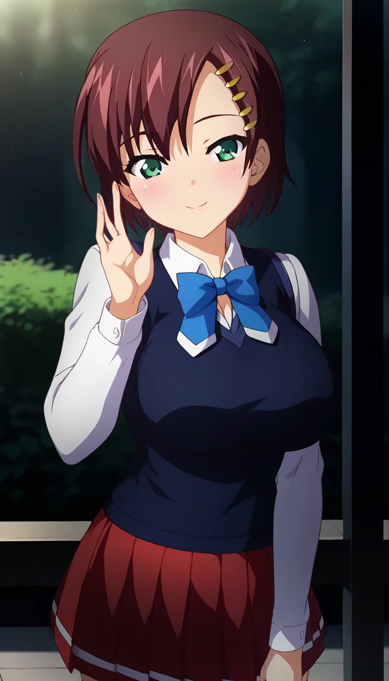 score_9,score_8_up,score_7_up,score_6_up BREAK official art,solo,outdoors,upper body,(portrait:1.5),looking at viewer,facing viewer,smile,blush,Sana Kuranaka,short hair,brown hair,hair ornament,hairclip,side swept bangs,green eyes,school uniform,sweater vest,black vest,blue bowtie,white shirt,collared shirt,large breasts,skindentation,long sleeves,microskirt,red skirt,pleated skirt,black socks,loafers,<lora:Sana Kuranaka(oc)-Pony:1.8>,