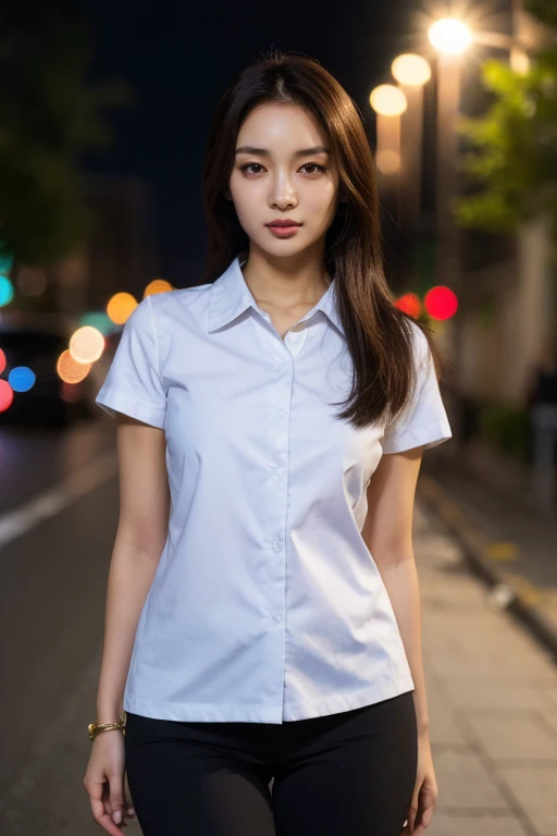 masterpiece, best quality, ultra-detailed, ultra high res, (photorealistic:1.4), raw photo, (realistic:0.2), 8k HDR, realistic lighting, 1girl, solo, (asian:0.2), asymmetrical hair, outdoor, night, (simple background:1.4), bokeh, (detailed lips), (detailed pores), (detailed skin textures), (detailed face:1.2), (upper body:1.2), a woman in a white collared shirt, black pants, promotional image, a character portrait, (thigh gap:1.2)