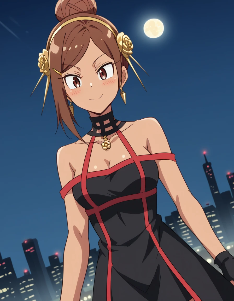 score_9, score_8_up, score_7_up, source_anime, <lora:ayaka-uehara-s1-ponyxl-lora-nochekaiser:1>, ayaka uehara, brown hair, hair ornament, brown eyes, hairclip, dark skin, hair bun, dark-skinned female, single hair bun, medium breasts,, <lora:yor-briar-cosplay-ponyxl-lora-nochekaiser:1>, yorbriarcosplay, yor briar (cosplay), bare shoulders, black dress, black gloves, cleavage, dress, earrings, gloves, gold earrings, hair ornament, hair band, jewelry, bare shoulders, collarbone, fingerless gloves, thighhighs, black thighhighs,, cityscape, night, moon, blush, smile, , cowboy shot, dutch angle,