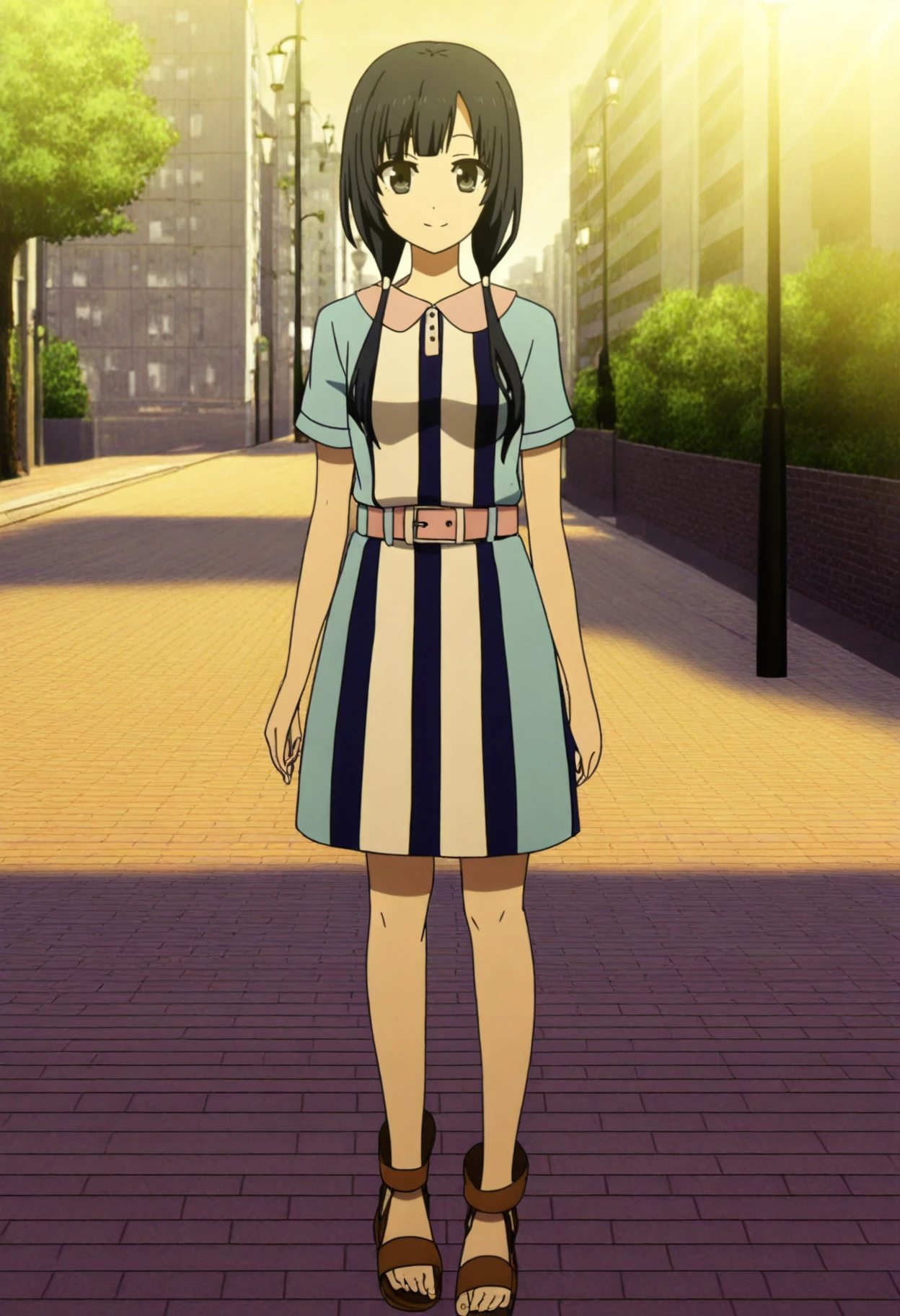 absurdres, highres, full body, solo, 1girl, <lora:Ema Yasuhara (SHIROBAKO):1>, ema yasuhara, EY7, multicolored dress, light blue dress, blue dress, white dress, vertical-striped dress, pink belt, short sleeves, pink collar, brown sandals, toeless footwear, standing, looking at viewer, smile, city, sidewalk, lamppost, day, sunlight, <lora:Simulacrum-v12-LUXL-LOHA-lr0005-v3:1>