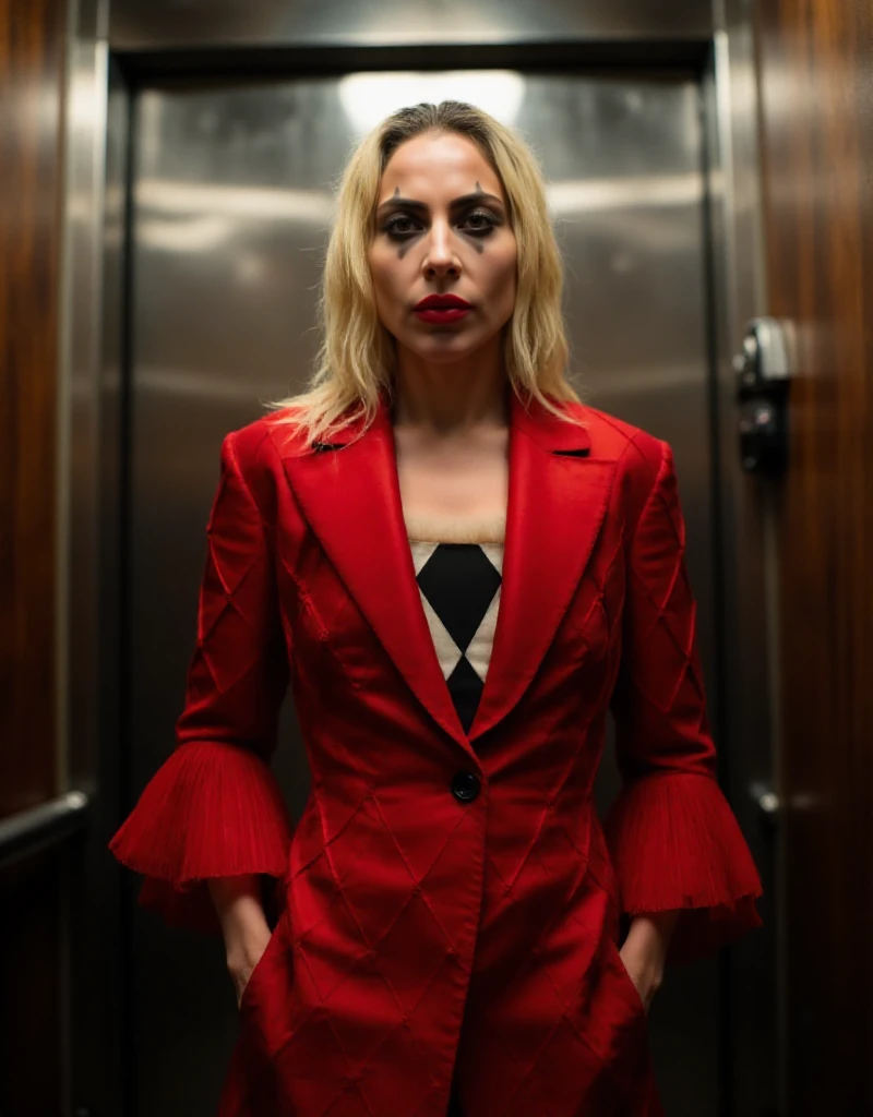 full body view of Quinn is a blonde woman with makeup and red lips, red jacket, she is in a lift  <lora:Quinn:0.9>