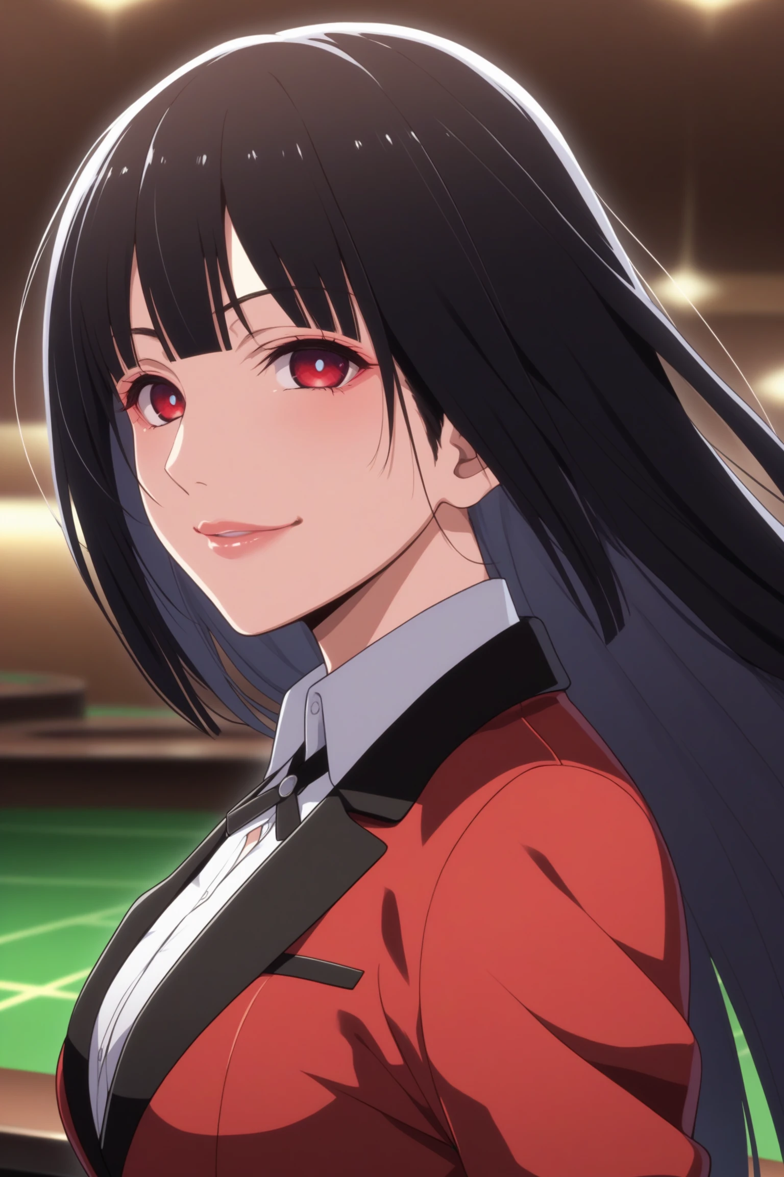 jabami yumeko, long hair, black hair, bangs, himecut, red eyes, hyakkaou academy school uniform, long sleeves, red nails, nail poilsh, blazer, red jacket, suit jacket, white shirt, collared shirt, black neck ribbon, black skirt, plaid skirt, pleated skirt, black pantyhose, loafers, <lora:Yumeko_Jabami:0.8>, score_9, score_8_up, score_7_up, score_6_up, score_5_up, source_anime, rating_safe, medium breasts, indoors, casino, 1girl, solo, looking at viewer, <lora:age_slider_v4:3>, (upper body:1.2)