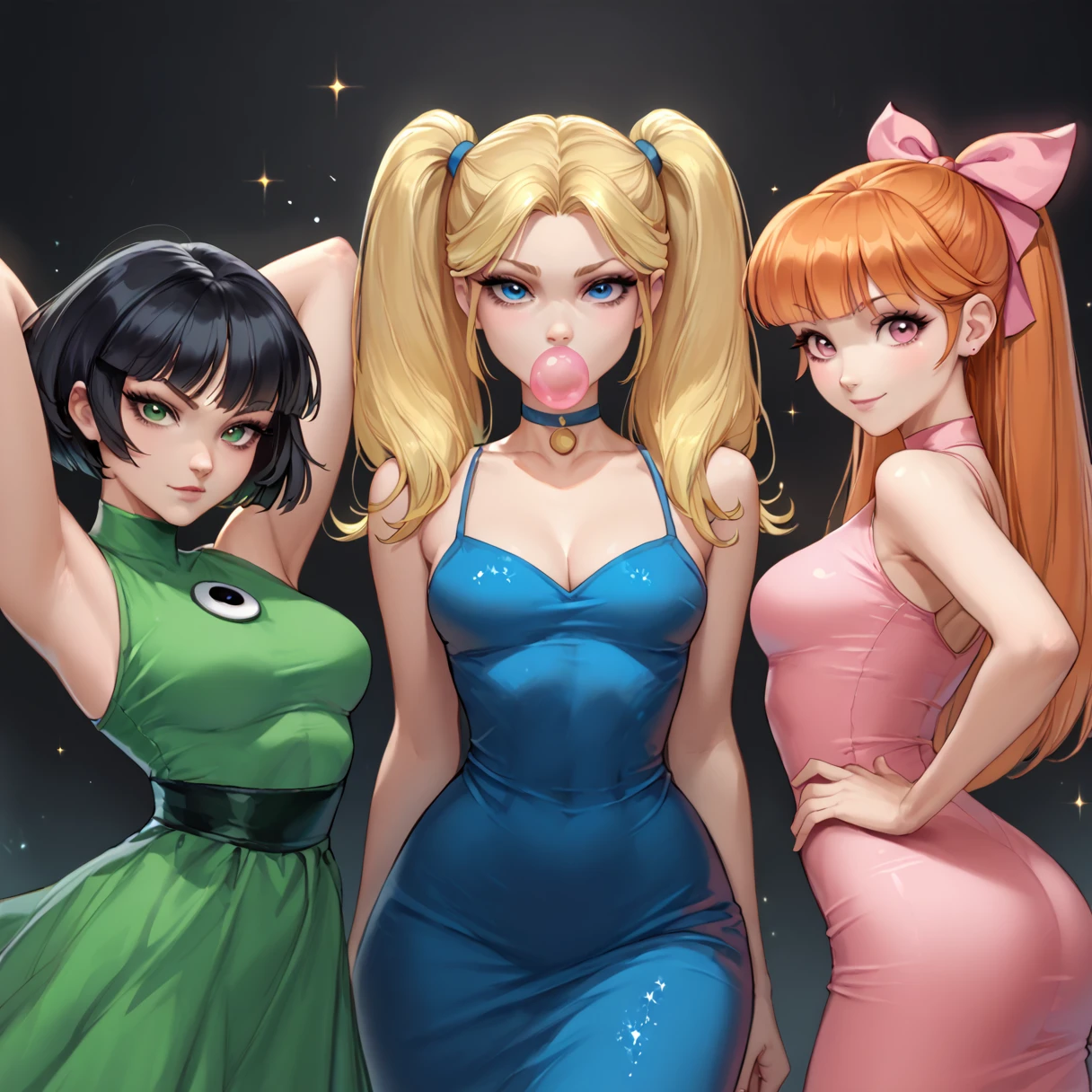 score_9, score_8_up, score_7_up, ict style, 3girls, sparkles, colorful swirls, BREAK (Buttercup (Powerpuff girls), black hair, short hair, green eyes, green dress), looking at viewer, breasts, bedroom eyes, hands behind head, dynamic pose, BREAK (Bubbles (Powerpuff girls), blonde hair, pigtails, blue eyes, blue dress), looking at viewer, breasts, bedroom eyes, blowing bubblegum, BREAK (Blossom (Powerpuff girls), orange hair, long hair, pink eyes, pink dress), looking at viewer, breasts, hair ribbon, standing, full body, <lora:Adult_Powerpuff_Girls:1>, smile, bodycon dress, bare shoulders, bare arms, breasts, hands behind back, hand on hip