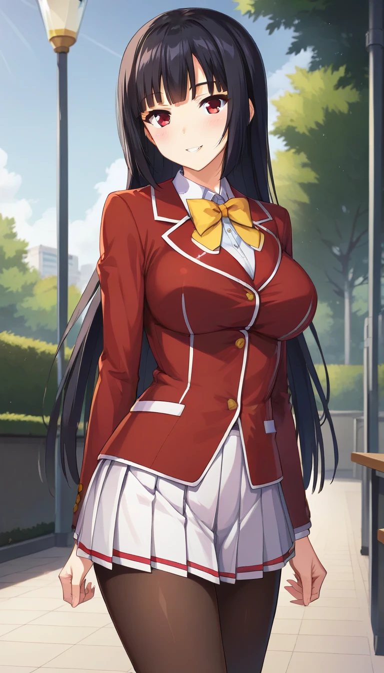 score_9,score_8_up,score_7_up,score_6_up BREAK official art,solo,outdoors,cowboy shot,looking at viewer,facing viewer,smile,blush,Mikami Yuka,black hair,long hair,hime cut,sidelocks,blunt bangs,red eyes,school uniform,red jacket,blazer,yellow bowtie,collared shirt,white shirt,long sleeves,large breasts,microskirt,pleated skirt,white skirt,brown pantyhose,loafers,<lora:Mikami Yuka(oc)-Pony:1.4>,