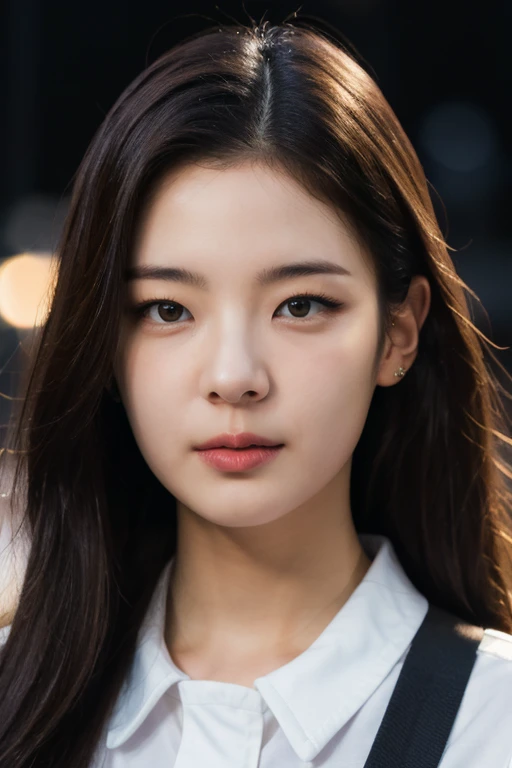 masterpiece, best quality, ultra-detailed, ultra high res, (photorealistic:1.4), raw photo, (realistic:0.2), 8k HDR, realistic lighting, 1girl, solo, (asian:0.2), asymmetrical hair, outdoor, night, (simple background:1.4), bokeh, (detailed lips), (detailed pores), (detailed skin textures), (detailed face:1.2), (upper body:1.2), a woman in a white collared shirts, promotional image, a character portrait,