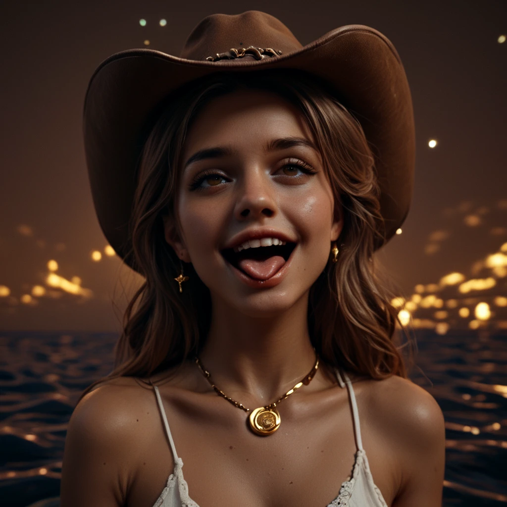 <lora:Chocoslime_DX_V7_-_UNLIMITED_PORN_PONY:1>, score_9, score_8_up, score_7_up, beautyful color, aesthetic, chocoslime, (a portrait of a white woman on a boat), brown night sky, water color drawing, 4k, unreal engine, masterpiece, brown wall, wearing a cowboy hat, wearing a golden necklace, ahegao