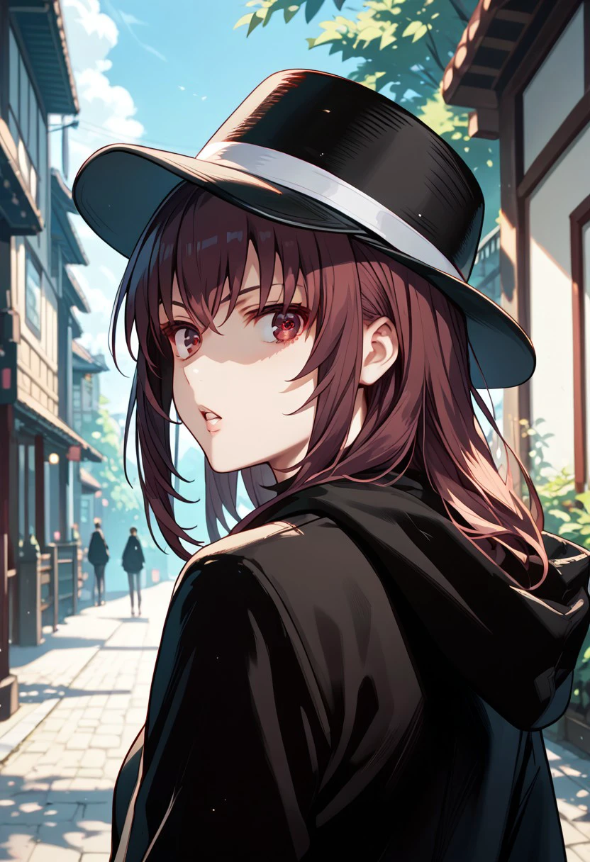 score_9,score_8_up,score_7_up,source_anime,Akane Kosaka,1girl,looking at viewer,open mouth,hat,parted lips,looking back,hood,black headwear,hoodie,parody,top hat,black hoodie,