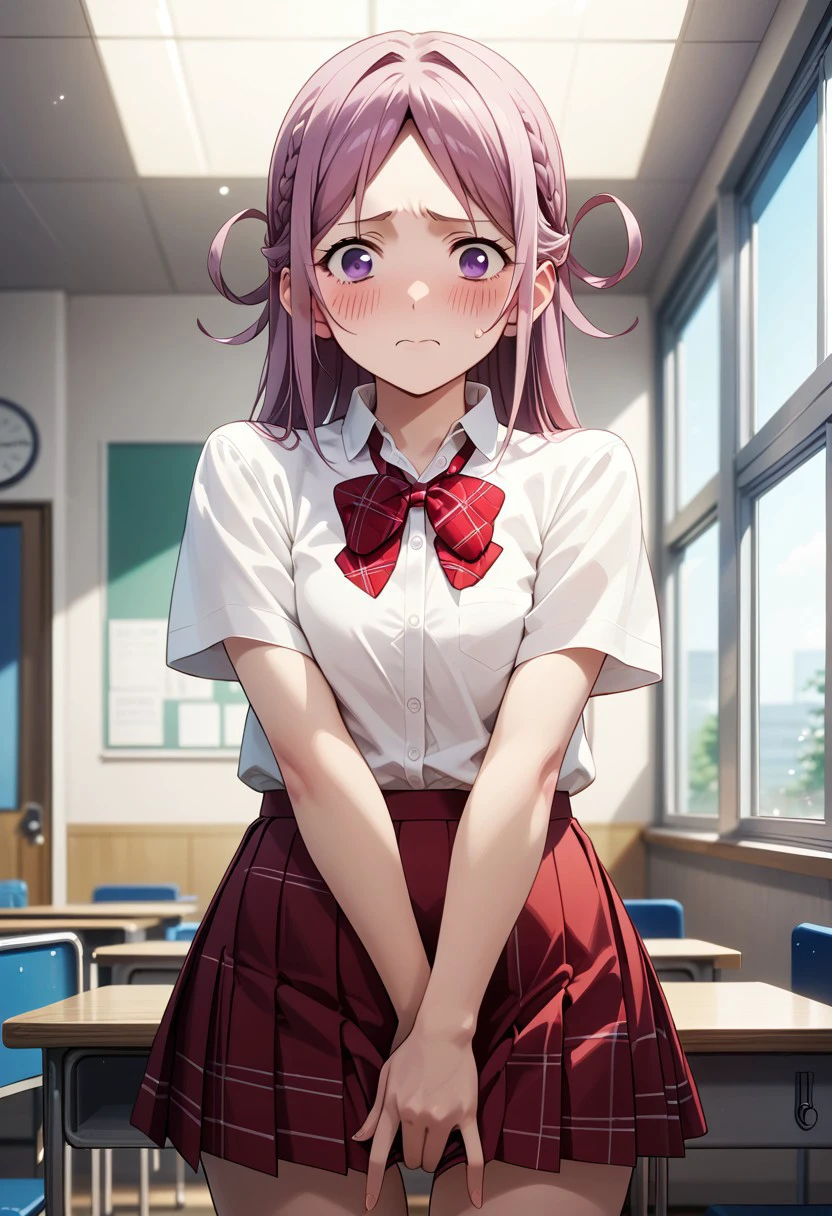 score_9,score_8_up,score_7_up,source_anime,Shion Hoshino,blush,shirt,skirt,bow,standing,underwear,school uniform,purple eyes,white shirt,panties,short sleeves,indoors,bowtie,plaid,dress shirt,red skirt,embarrassed,no pants,covering privates,purple panties,covering crotch,