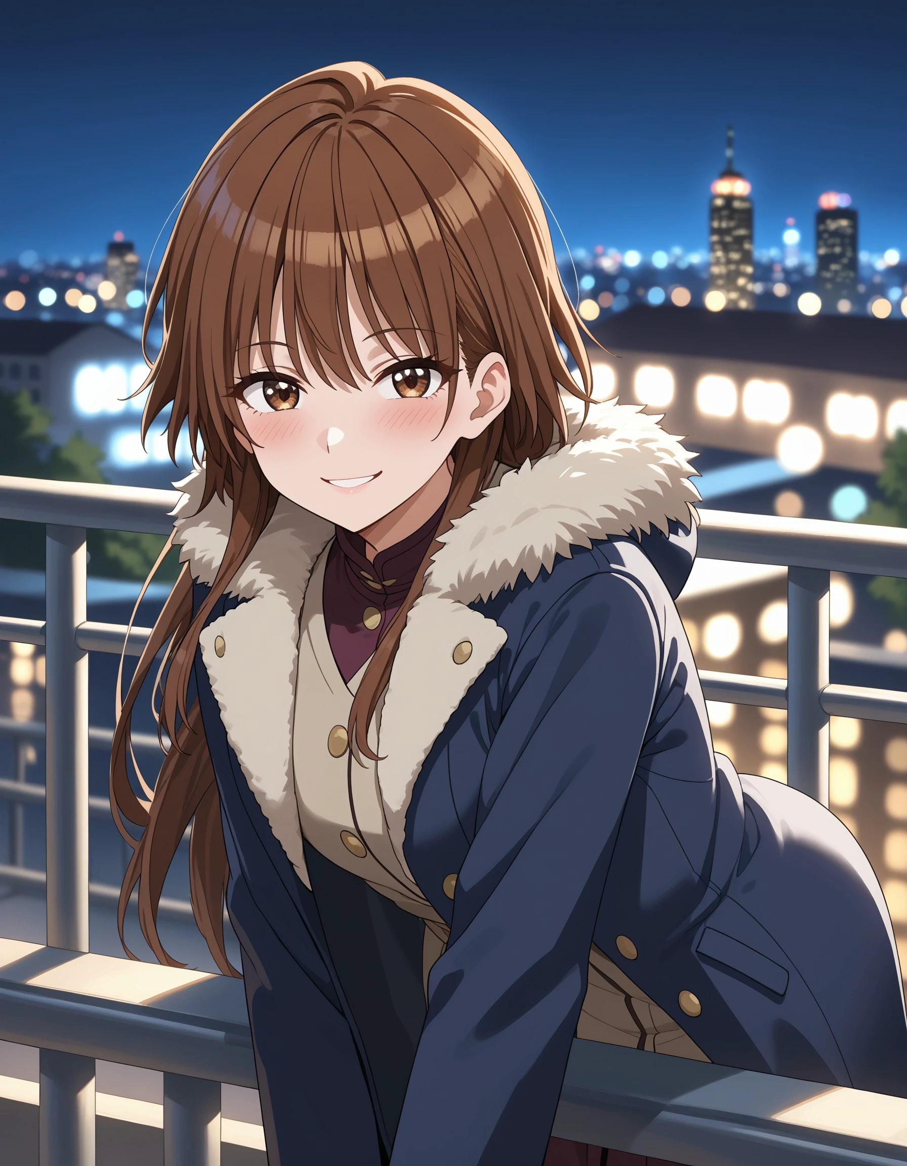 (masterpiece), best quality, expressive eyes, perfect face, railing, looking at viewer, night, blurry, city lights, outdoors, jacket, fur trim, against railing, blurry background, blush, bokeh, depth of field, long hair, leaning forward, bangs, cityscape, smile, coat, mikoto_a, <lora:a58935a3-cff9-45f9-bf93-79ed7ce8f038:0.7>