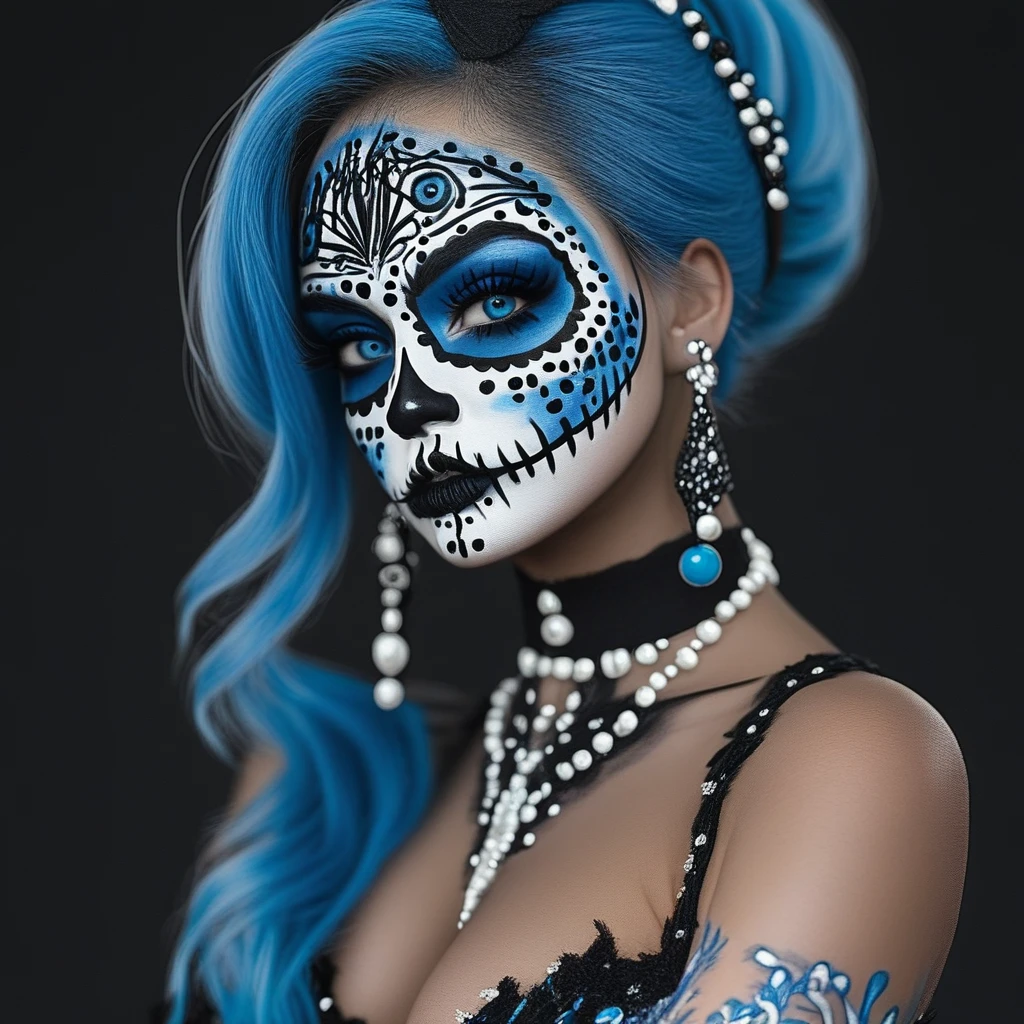 ArsMJStyle, Vibrant Calavera, The image is a close-up portrait of a woman's face and upper body. She has blue hair styled in a dramatic updo with a black headband on top. Her face is painted with intricate sugar skull makeup with white and black designs on the face and black and white lines and swirls. The eyes are painted with blue eyeshadow and black eyeliner and her nose and mouth are painted black. She is wearing a black choker necklace and earrings with silver and blue beads. The background is dark making the makeup stand out even more. The overall mood of the image is dark and eerie., 1girl, solo, blue hair, blue eyes, jewelry, earrings, makeup, looking at viewer, facepaint, portrait