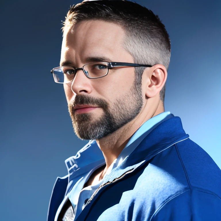 (RAW photo), <lora:DirkCaber:0.85>, dirkcaber, portrait, close-up, facing viewer, (straight-on:1.2), muscular male, absurdres, blue shirt, simple background, glasses