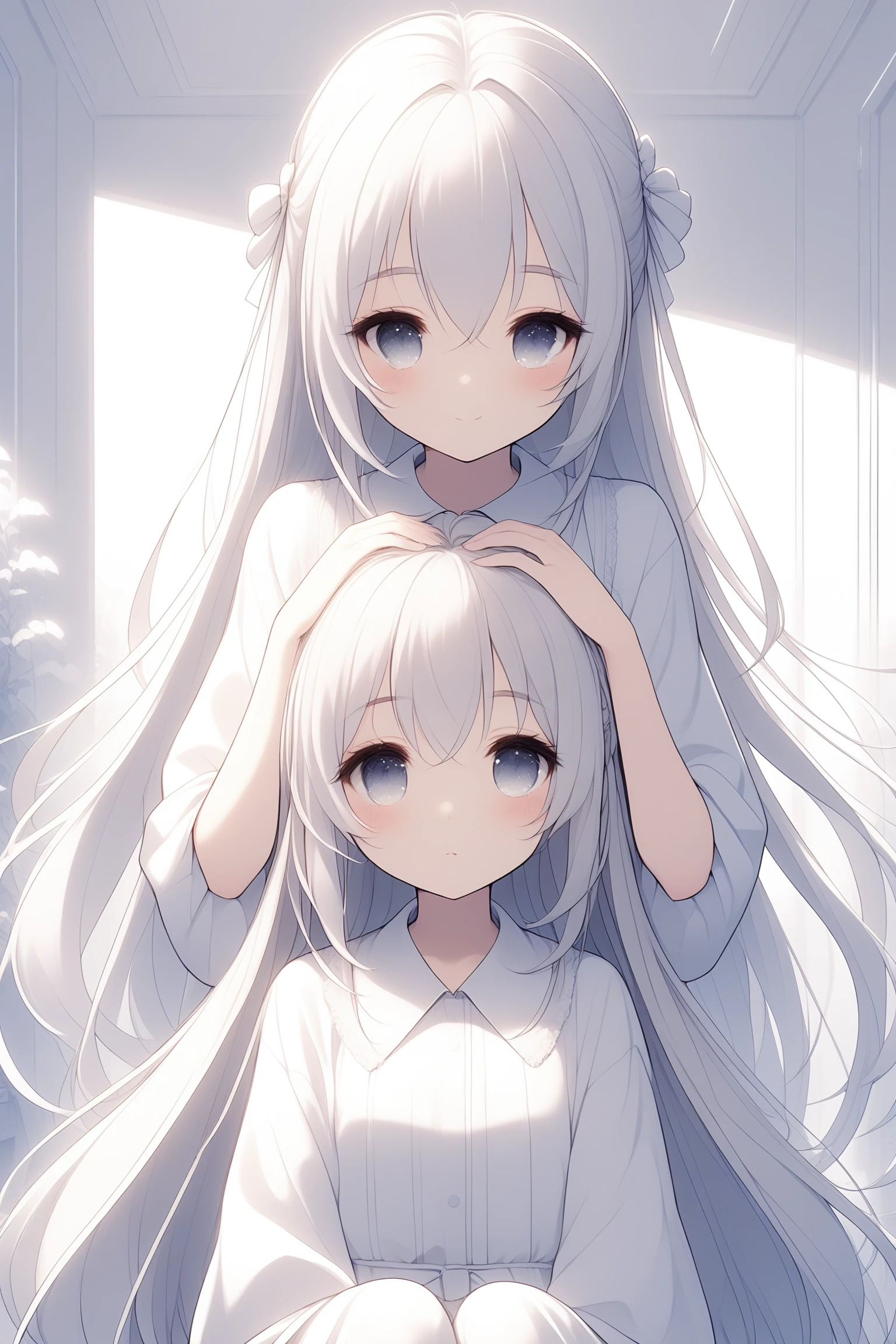 <lora:coveredGirlXL:0.8> 2girls, covered girl, girl on girl, hands on head, best, cocoart, white theme,room ,sit