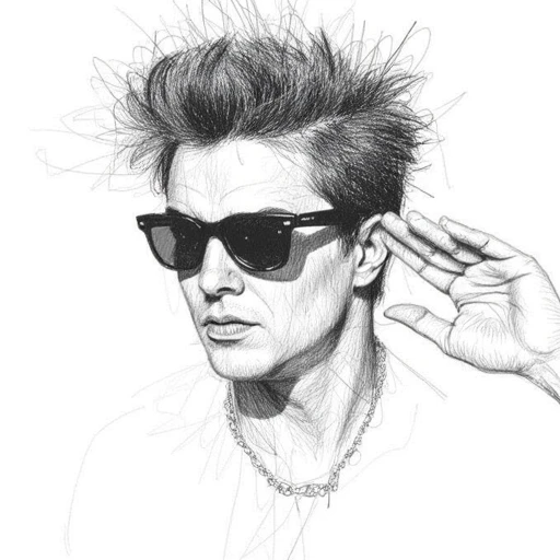 This is a detailed, alluring pose, intricate pencil drawing of a man's face, touching his ear, The image is a detailed, wearing dark sunglasses, frenzied look, recognizable by her iconic hairstyle and facial features. She is depicted in a sultry, intricate, expressive style with swirling lines that create a sense of movement and energy. The man stands with his right hand raised to his head