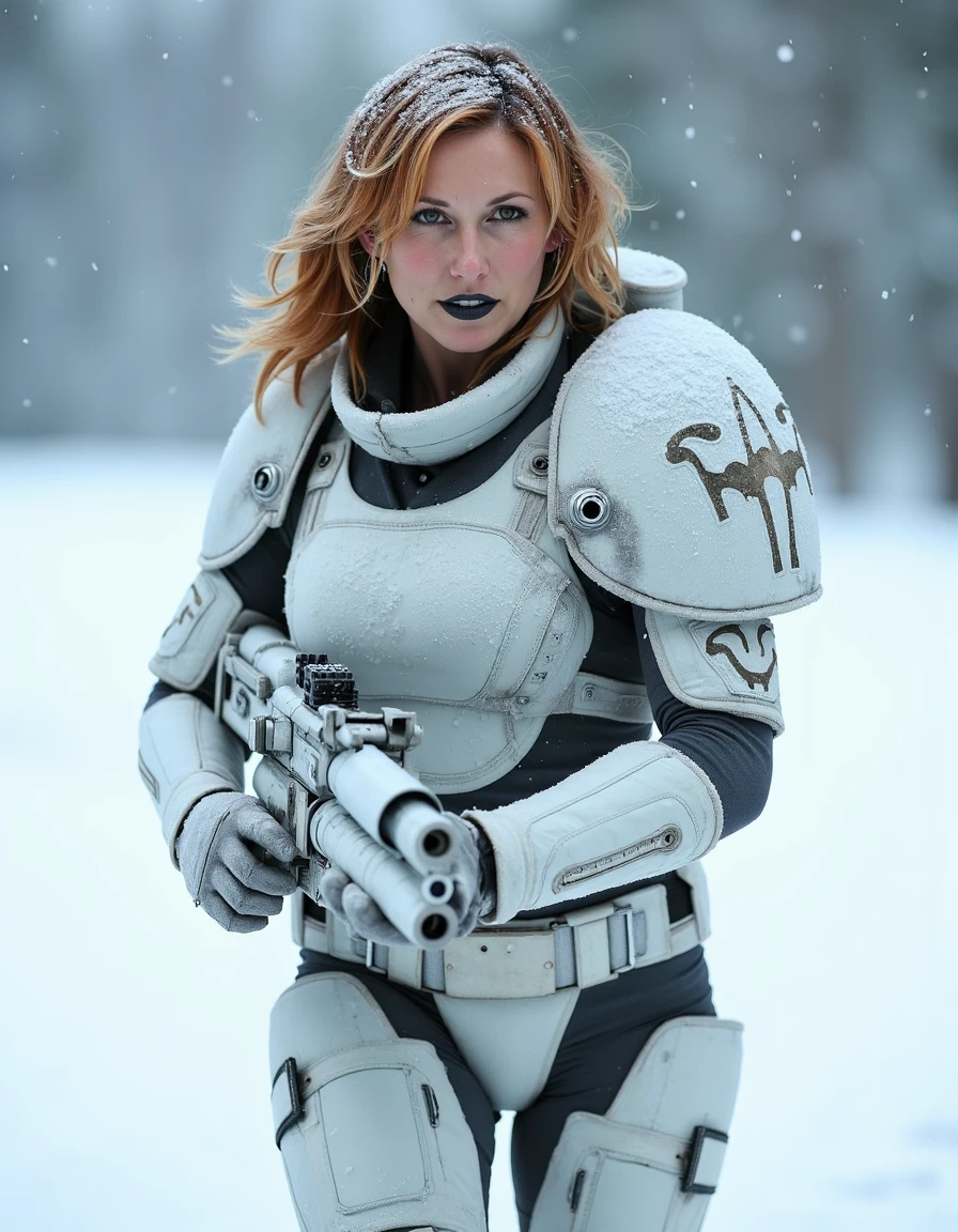 <lora:Karibyronflux1a-000001:1> fair skin and shoulder-length, wavy, light brown hair she is a space marine wearing matte black lip color is wearing white winter camouflage body armor with the left shoulder armor is shaped like a wolf's head. She is holding a futuristic white laser gun in her hands, walking in a snowstorm on an icy, snowy plain, thick snow falling, snow settling on their hair and armor, cowboy shot, Her face shows determination, High Detail, Perfect Composition, dramatic lighting, high contrast