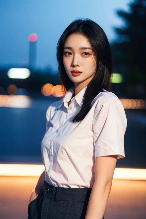 masterpiece, best quality, ultra-detailed, ultra high res, (photorealistic:1.4), raw photo, (realistic:0.2), 8k HDR, realistic lighting, 1girl, solo, (asian:0.2), asymmetrical hair, outdoor, night, (simple background:1.4), bokeh, (detailed lips), (detailed pores), (detailed skin textures), (detailed face:1.2), (upper body:1.2), a woman in a white collared shirt, black pants, promotional image, a character portrait, (thigh gap:1.2)