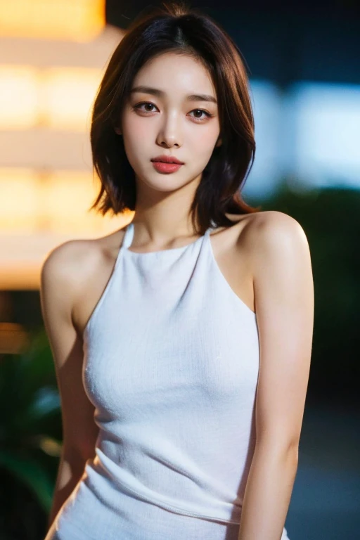 masterpiece, best quality, ultra-detailed, ultra high res, (photorealistic:1.4), raw photo, (realistic:0.2), 8k HDR, realistic lighting, 1girl, solo, (asian:0.2), asymmetrical hair, outdoor, night, (simple background:1.4), bokeh, (detailed lips), (detailed pores), (detailed skin textures), (detailed face:1.2), (upper body:1.2), a woman in a white sundress, promotional image, a character portrait, (thigh gap:1.2)