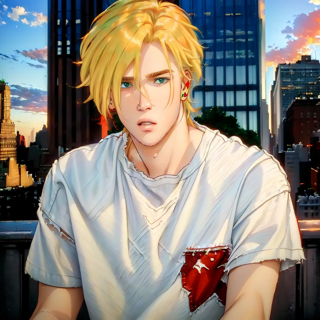 (best quality, high quality, masterpiece:1.3),, <lora:Ash:1>, Ash in new york city at dawn, wearing a white shirt, ripped jeans and red high tops,. blond hair, green eyes <lora:muscle_slider_v1:-1>
