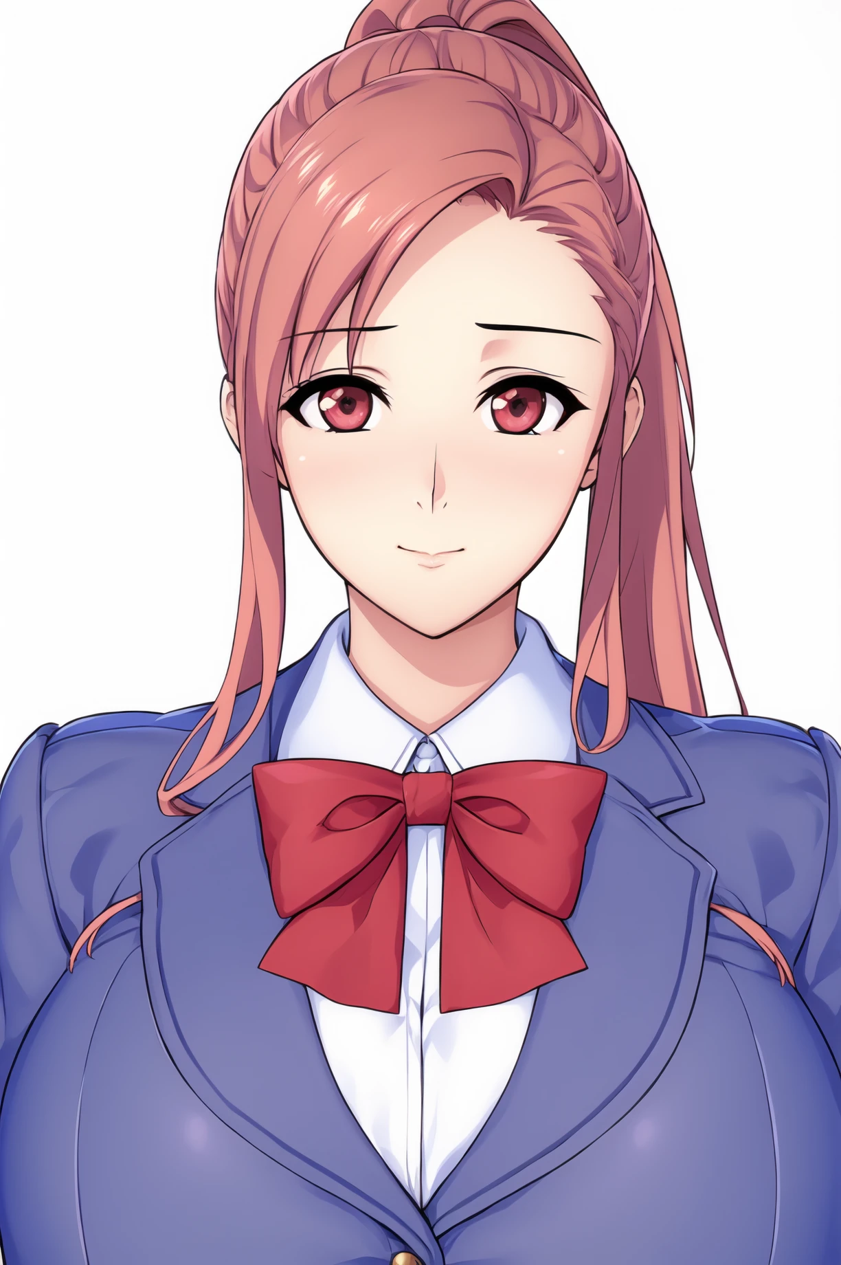 Simple Background,(White_Background:1.1),
dynamic pose,standing at attention,
Blue jacket, school uniform, white shirt, long sleeves, red bowtie,
<lora:Ojousama_JK_KK77-KK77-V1:0.7>, Ojousama_JK_KK77,
Red eyes, Pink hair,bangs,Long hair,ponytail,
<lora:more_details:0.1>,<lora:NovelAI_YesMix5_KKStyle-KK77-Yes5-V1:0.3>,<lora:Oda_Non_Style2-KK77-Yes5-V1:0.3>,
1 girl, 20yo,Young female,Beautiful long legs,Beautiful body,
Beautiful Nose,Beautiful character design, perfect eyes, perfect face,expressive eyes,perfect balance,
looking at viewer,(Focus on her face),closed mouth, (innocent_big_eyes:1.0),(Light_Smile:0.3),
official art,extremely detailed CG unity 8k wallpaper, perfect lighting,Colorful, Bright_Front_face_Lighting,White skin,
(masterpiece:1.0),(best_quality:1.0), ultra high res,4K,ultra-detailed,
photography, 8K, HDR, highres, absurdres:1.2, Kodak portra 400, film grain, blurry background, bokeh:1.2, lens flare, (vibrant_color:1.2),professional photograph,
(Beautiful,large_Breasts:1.4), (beautiful_face:1.5),(narrow_waist),