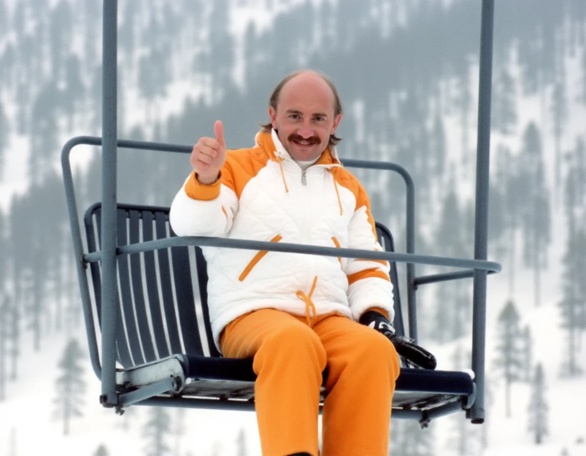 Jean-Claude DUSSE is  sitting on Chairlift in a snow mountain giving a thumb up. He wears a vintage white and orange skisuit<lora:Jean-Claude_DUSSE:0.9>