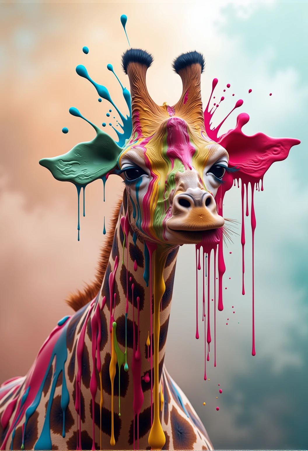 bv-colpaidri. An giraffe with abstract color splashes covering parts of its skin, the colors creating sharp contrasts, set in a abstract misty background, giving the animal a mystical appearance that mixes the natural and imaginative elements, <lora:bv-colorful-paint-dripping-v1.safetensors:0.7000000000000001:0.7000000000000001>