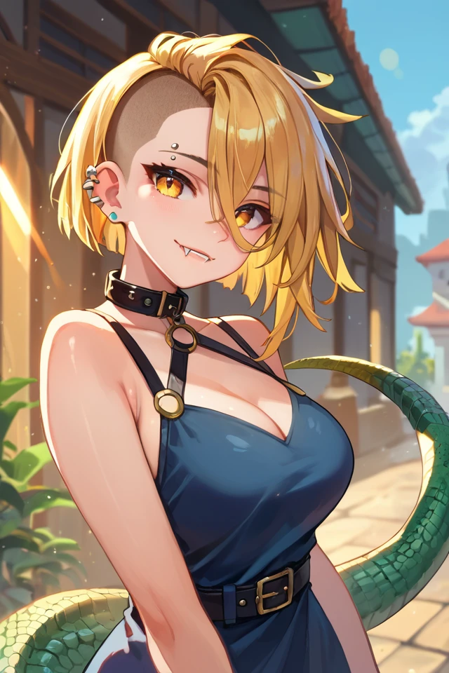 score_9,score_8_up,score_7_up,score_6_up, 1girl, solo, looking at you, big breasts, short hair, golden hair, golden eyes, green scales, scales, (lizard girl), (lizard tail), tail down, (lighting flare), fangs, upper body, ear piercing, asymmetrical hair, hair between eyes, smile, seductive smile, eyebrow piercing, outdoors, shaved head, sexy dress, belt collar, black belt, curvy, closed mouth, parted lips,