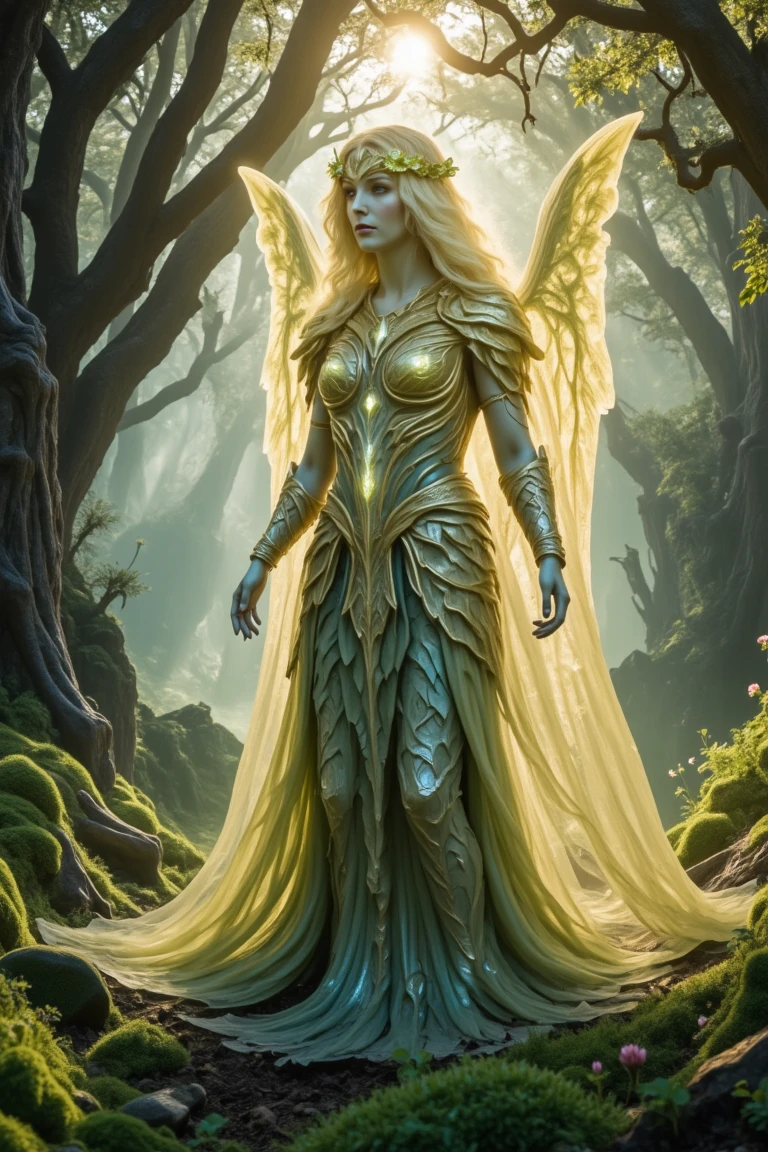 In a misty veil, an enigmatic being materializes, enveloped in a wispy aura that undulates like the petals of lotus flowers. Diaphanous wings, delicate and lacy, unfurl from their shoulders as they wear a coronet of dainty blooms, their form shrouded by ethereal mists that shimmer and dance in the soft, golden light. Amidst this dreamlike atmosphere, towering trees with gnarled branches and lush greenery stretch towards the misty horizon, while delicate wildflowers sprout from the fog, adding an air of mystique to the otherworldly scene.